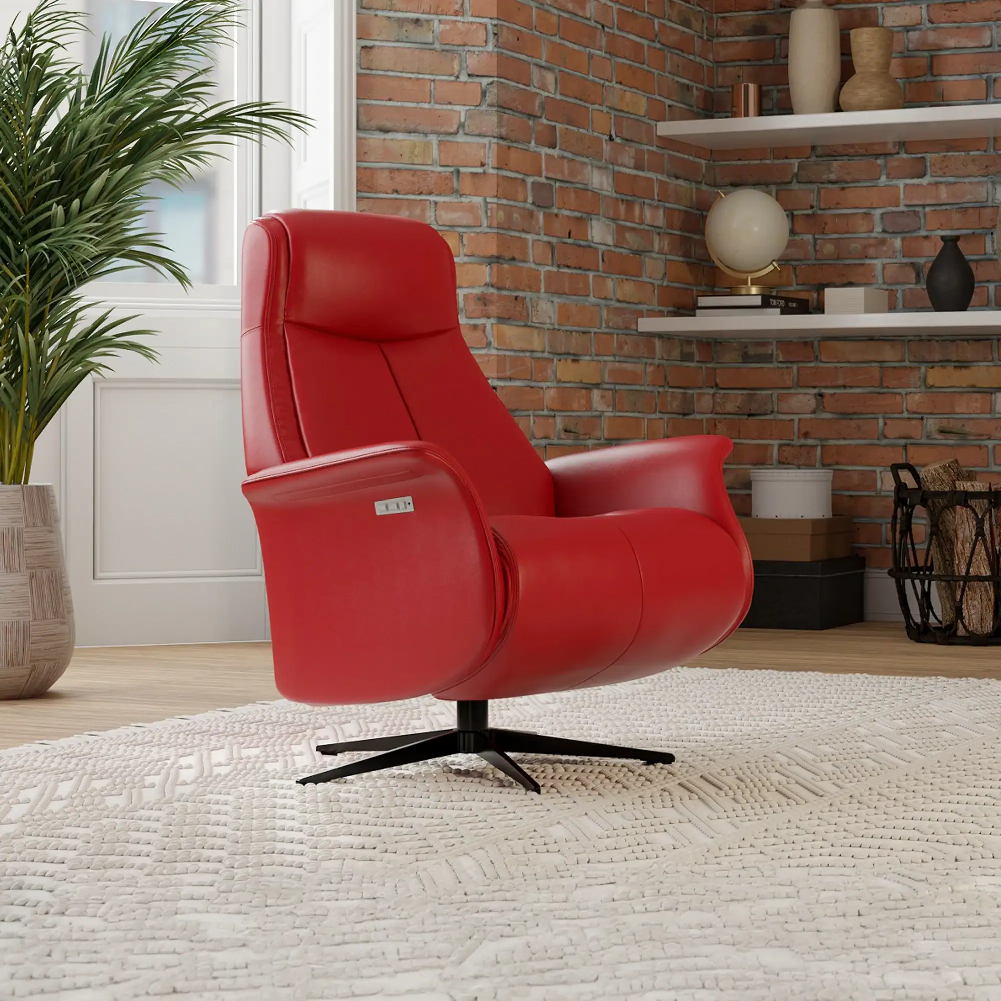 A red leather recliner chair in a modern living room with an exposed brick wall, white shelves, and a large potted plant.
