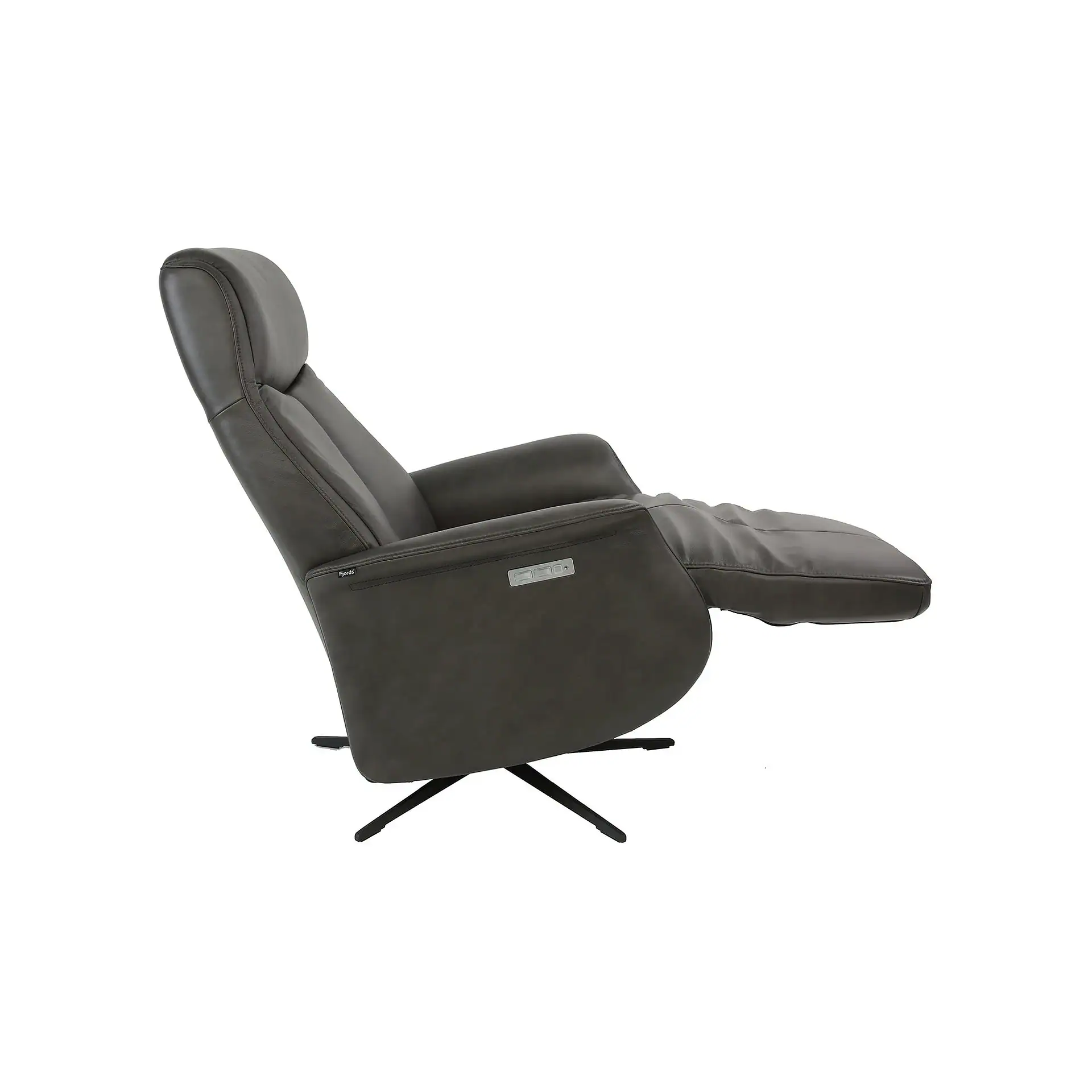 A dark gray leather recliner chair in a reclined position with an extended footrest, shown from a side view on a white background.