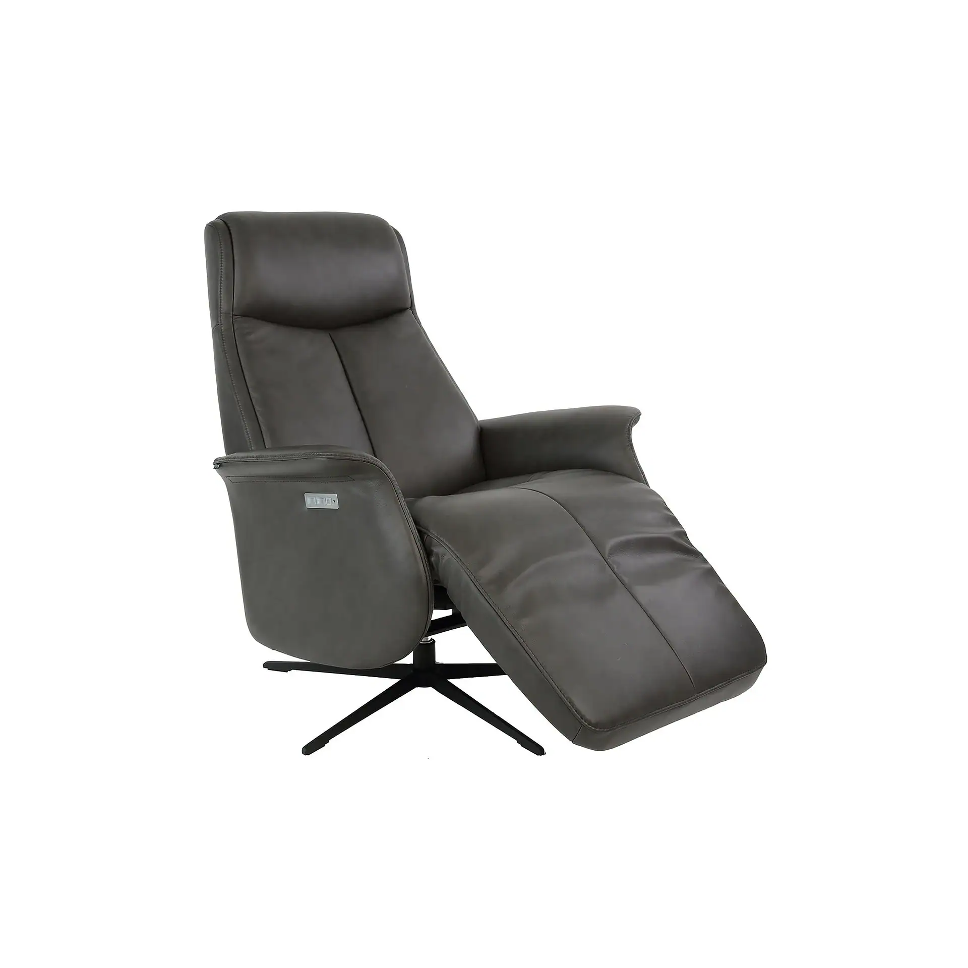 A dark gray leather recliner chair in a reclined position with a black star-shaped base, shown against a white background.