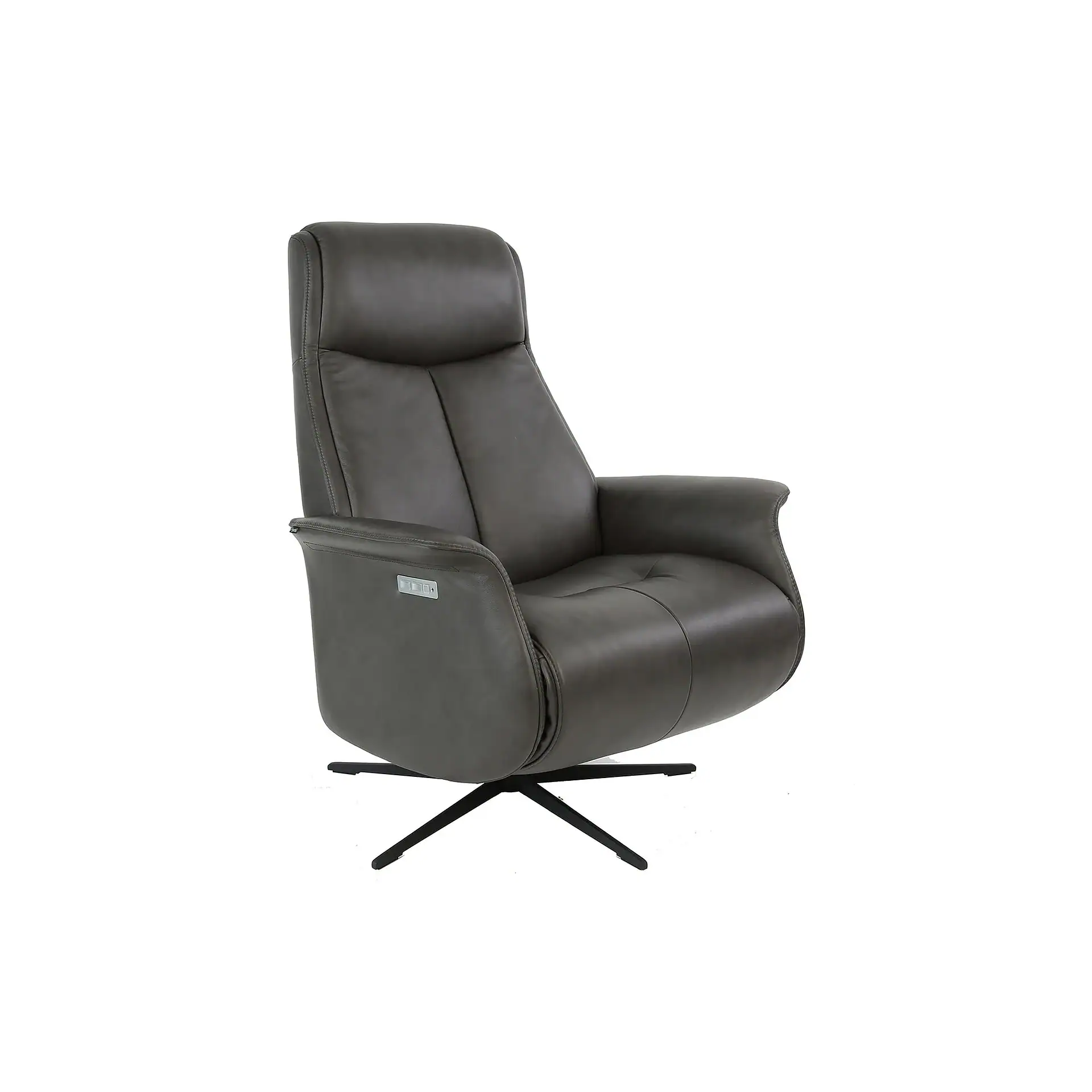 A dark gray leather recliner chair with a high back and a four-star black swivel base, shown against a white background.