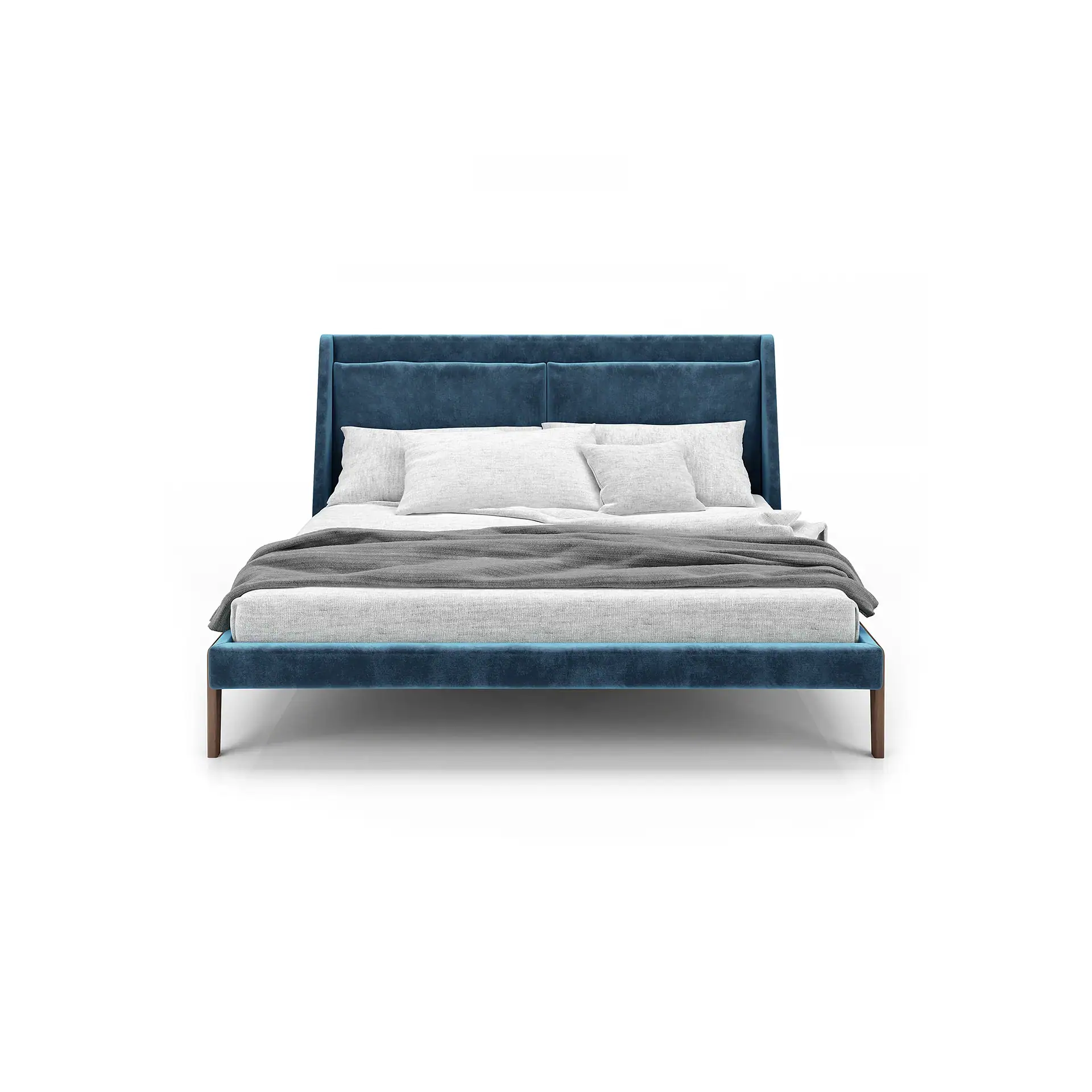 A blue velvet upholstered bed with a tall headboard, light gray sheets, four pillows, and a dark gray throw blanket, isolated on a white background.