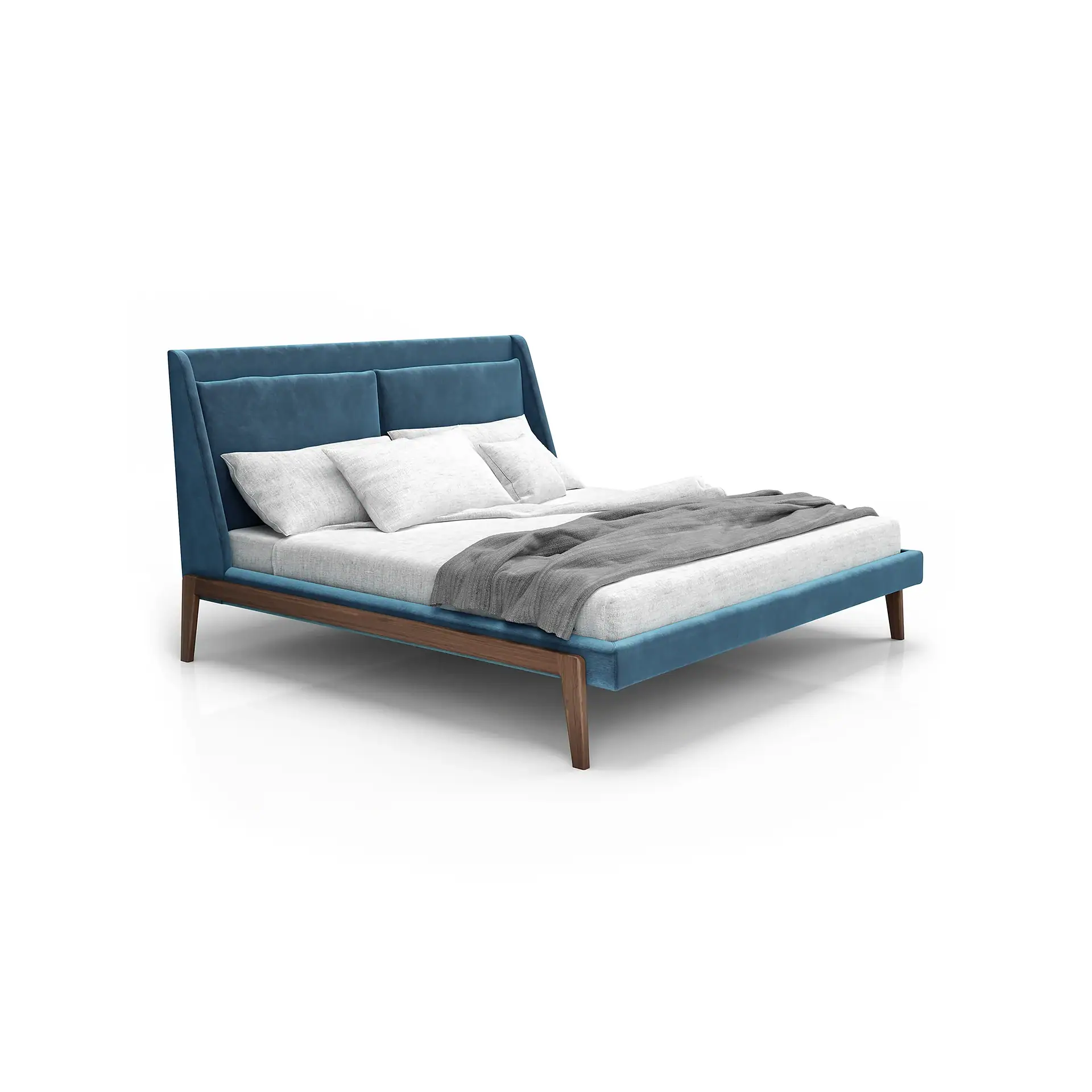 A modern blue upholstered bed with a tall headboard, white bedding, and a grey throw blanket, on a white background.