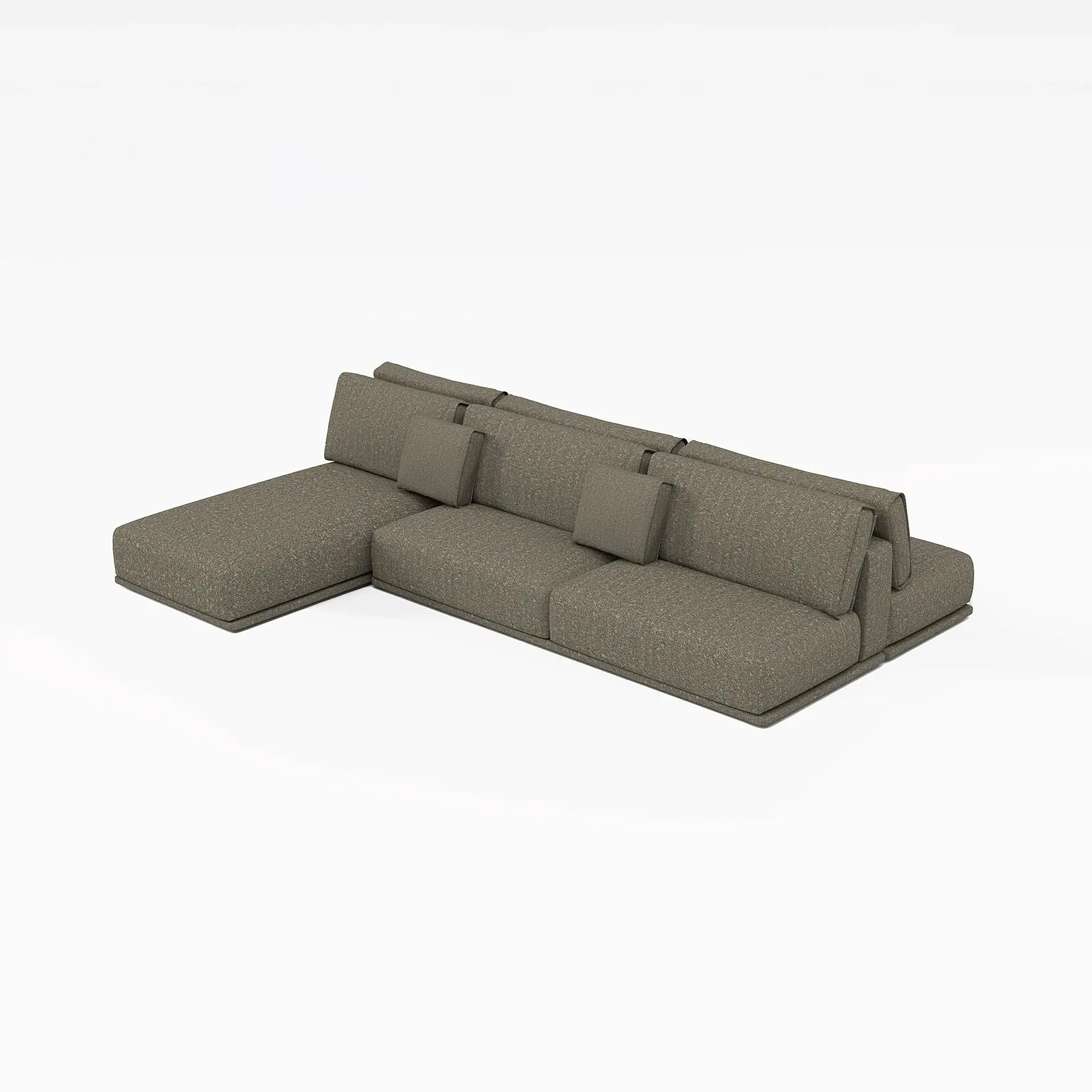 An L-shaped sectional sofa in textured dark beige fabric with a chaise lounge on a white background.