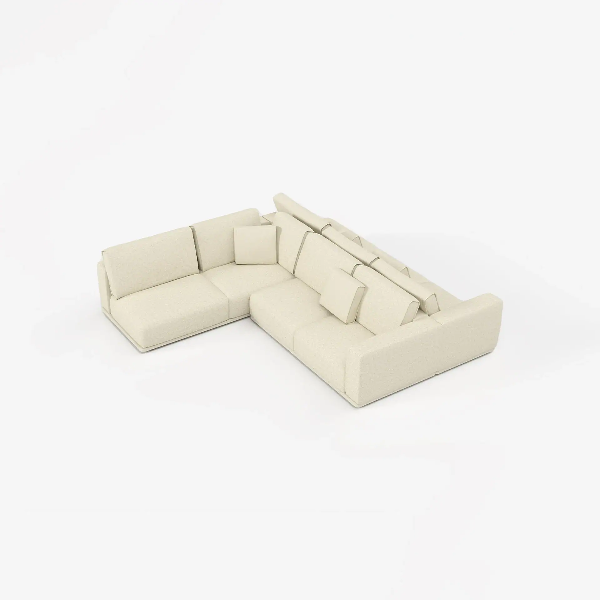 A cream-colored L-shaped sectional sofa with low armrests and adjustable back cushions, on a white background.