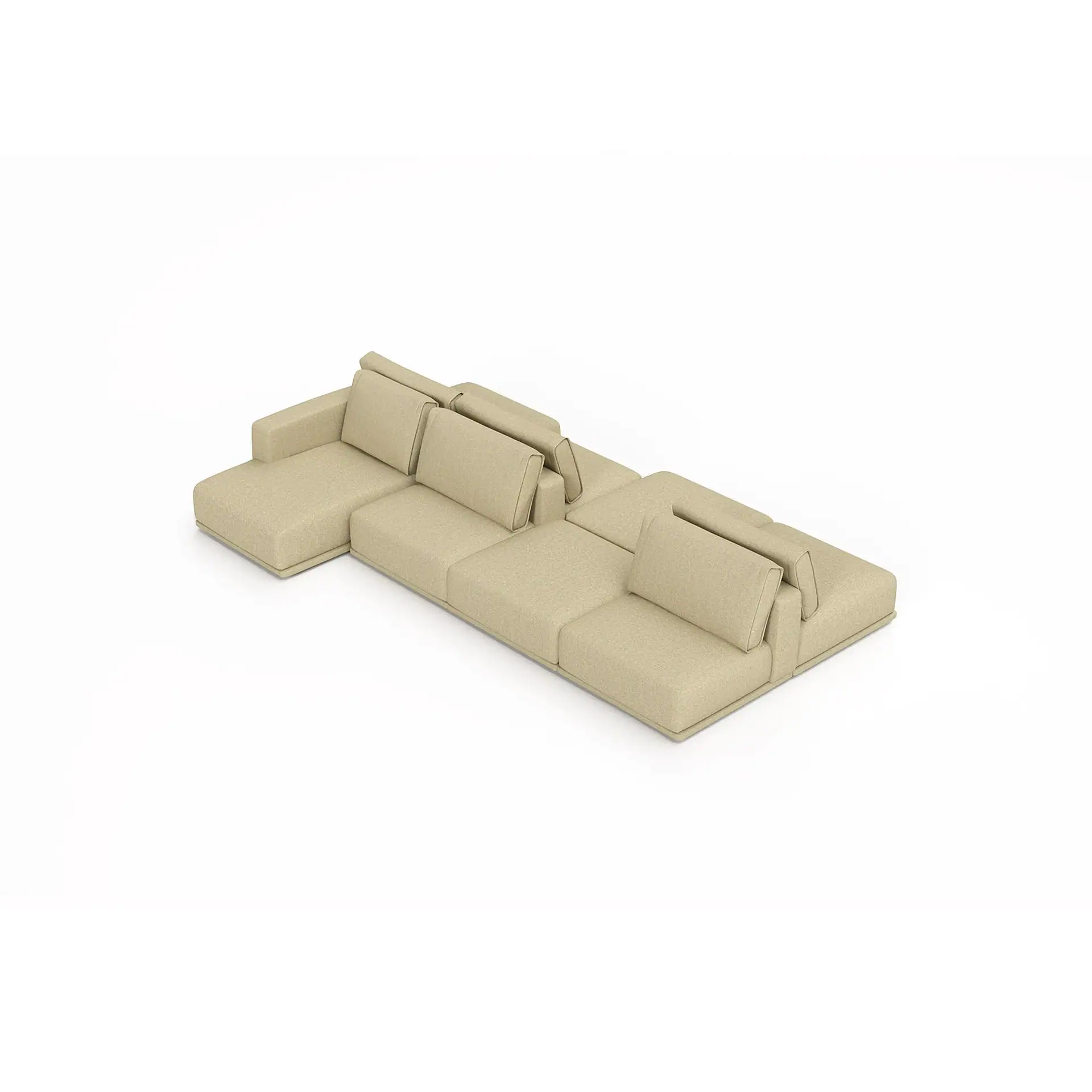 Light beige modular sectional sofa with an L-shaped configuration and multiple back cushions, on a white background.