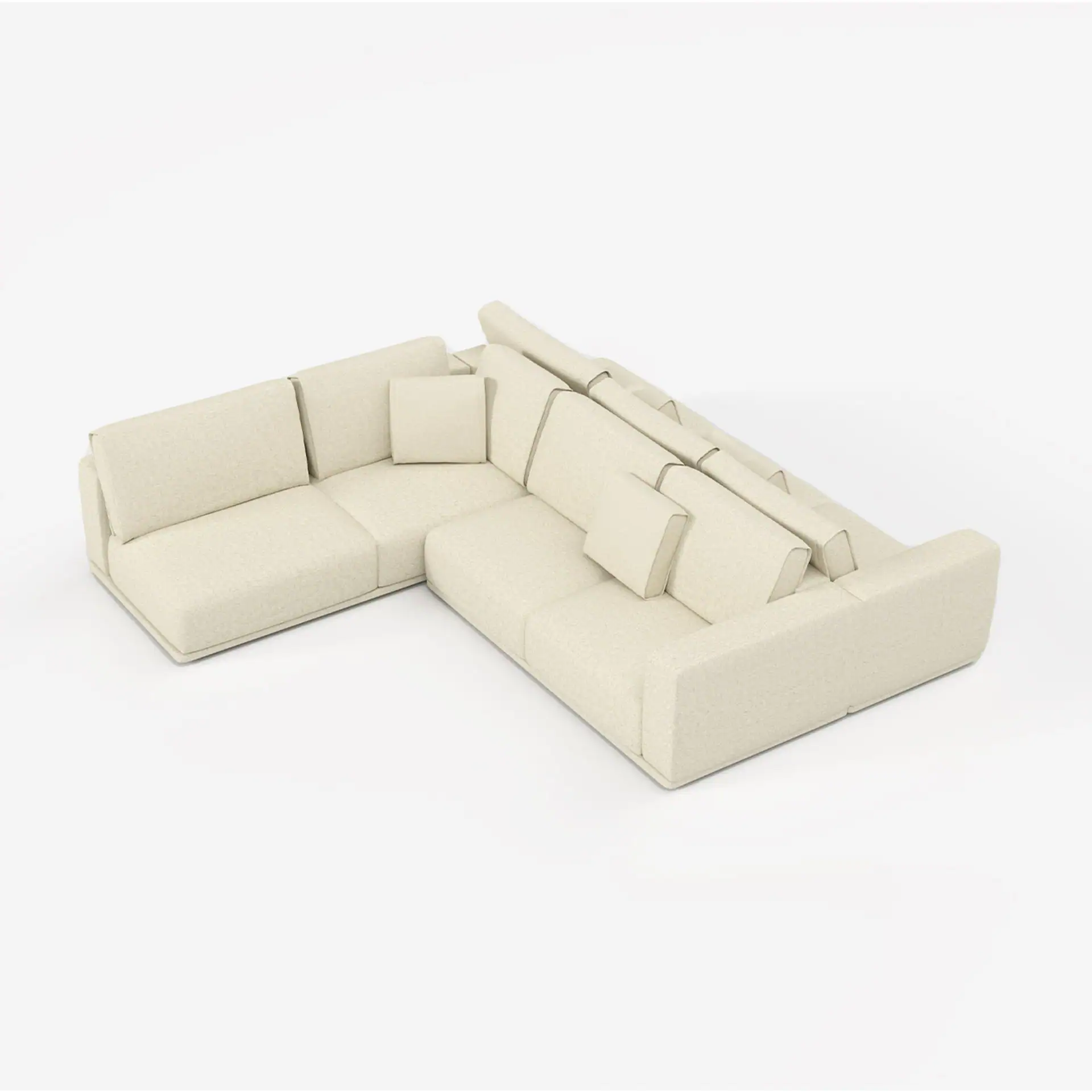 Double-sided sofa in neutral fabric, modern design for versatile living spaces.