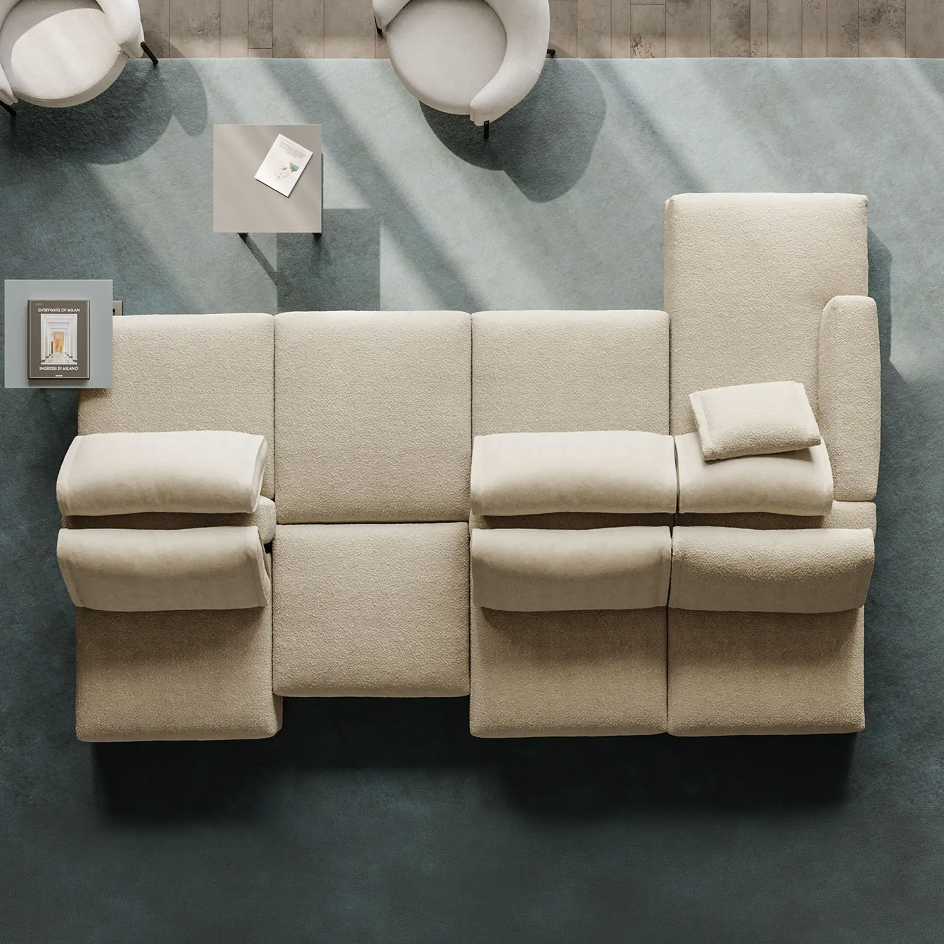 Double-sided sofa with plush cushions, perfect for modern living rooms.