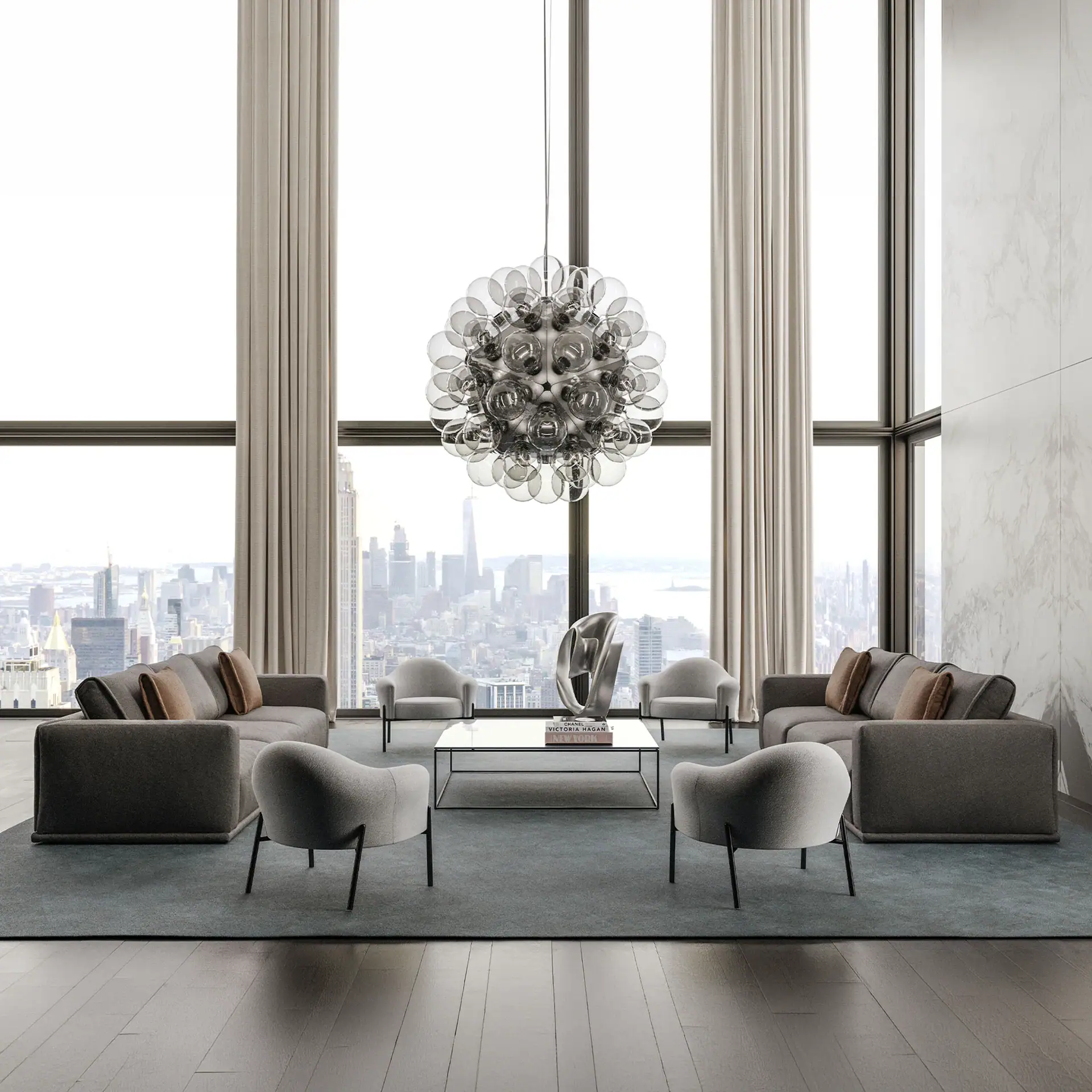 Contemporary Sklar Furnishings Met Linear Sofa in stylish lounge with panoramic city views.