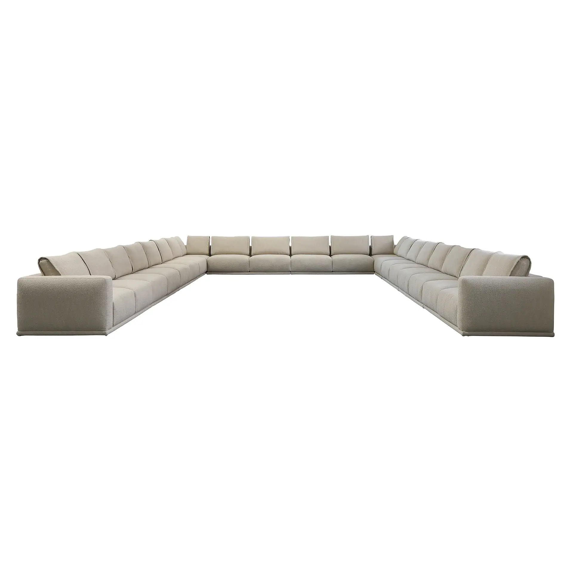 A large, U-shaped modular sofa in light beige on a white background.