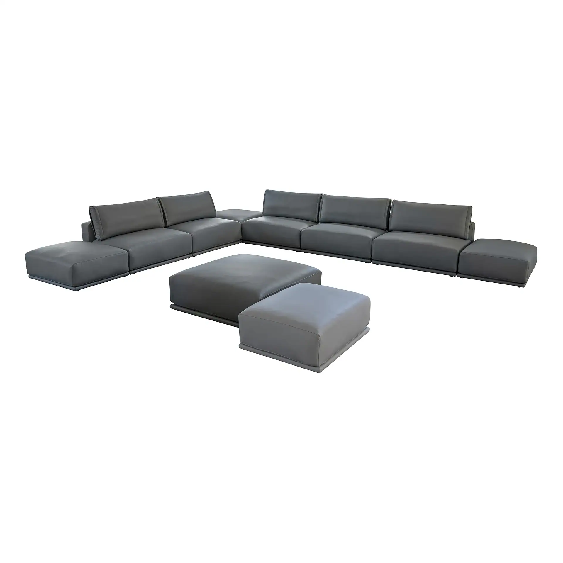 A dark gray modular sectional sofa with an L-shaped configuration and two matching square ottomans of different sizes, all on a white background.