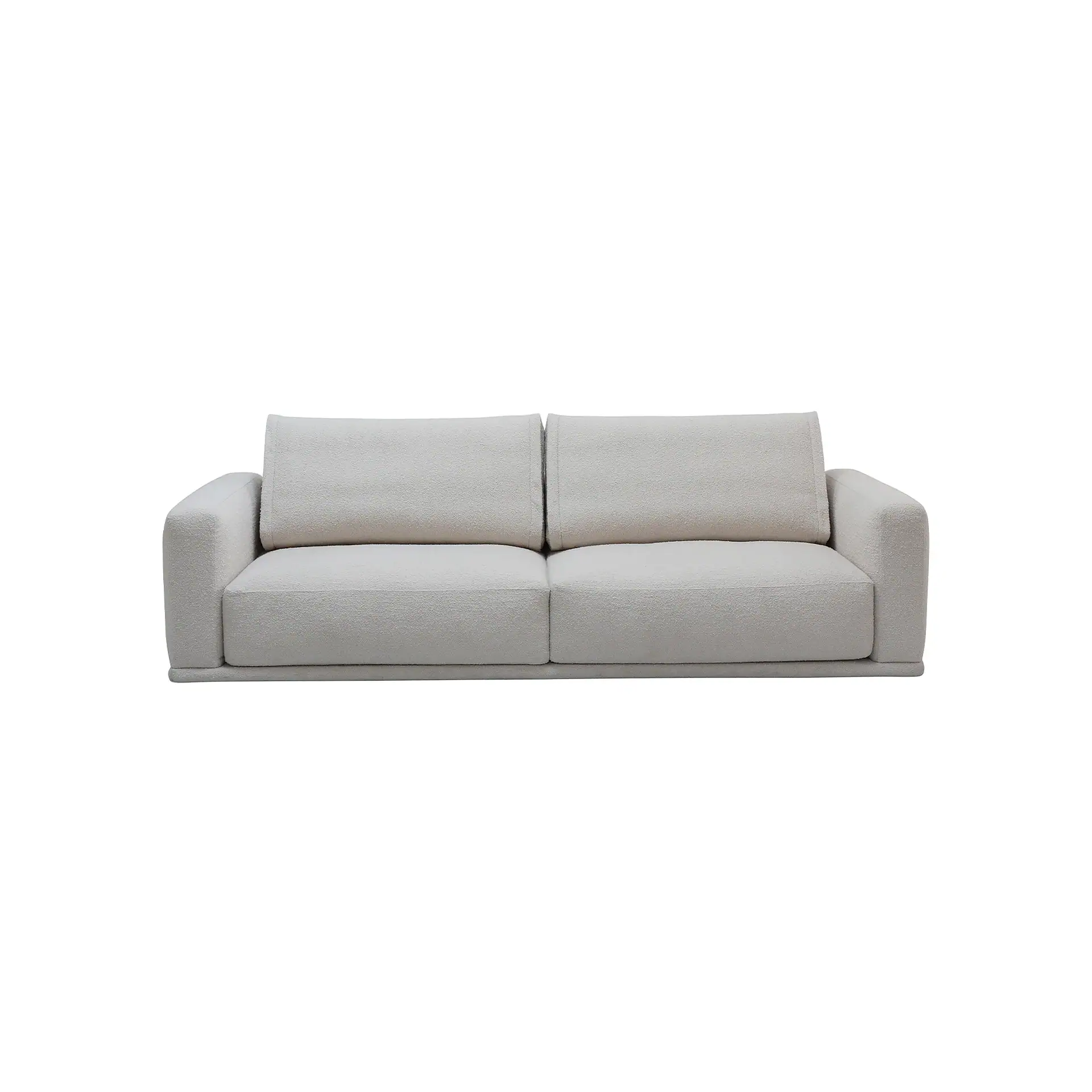 A cream-colored two-seater sofa with textured fabric and wide armrests, presented on a white background.