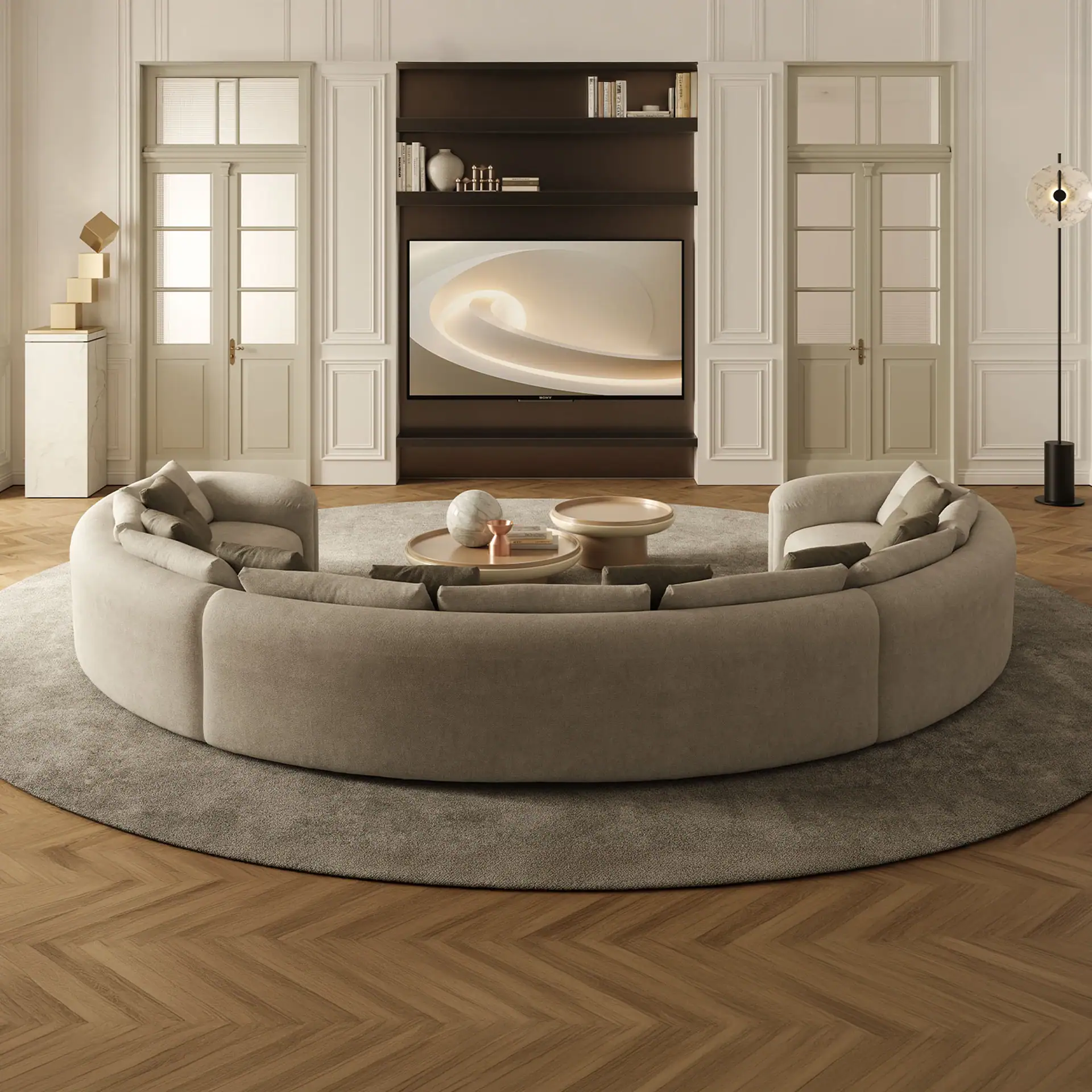 Curved sectional sofa in a luxurious living room with built-in fireplace and elegant decor.