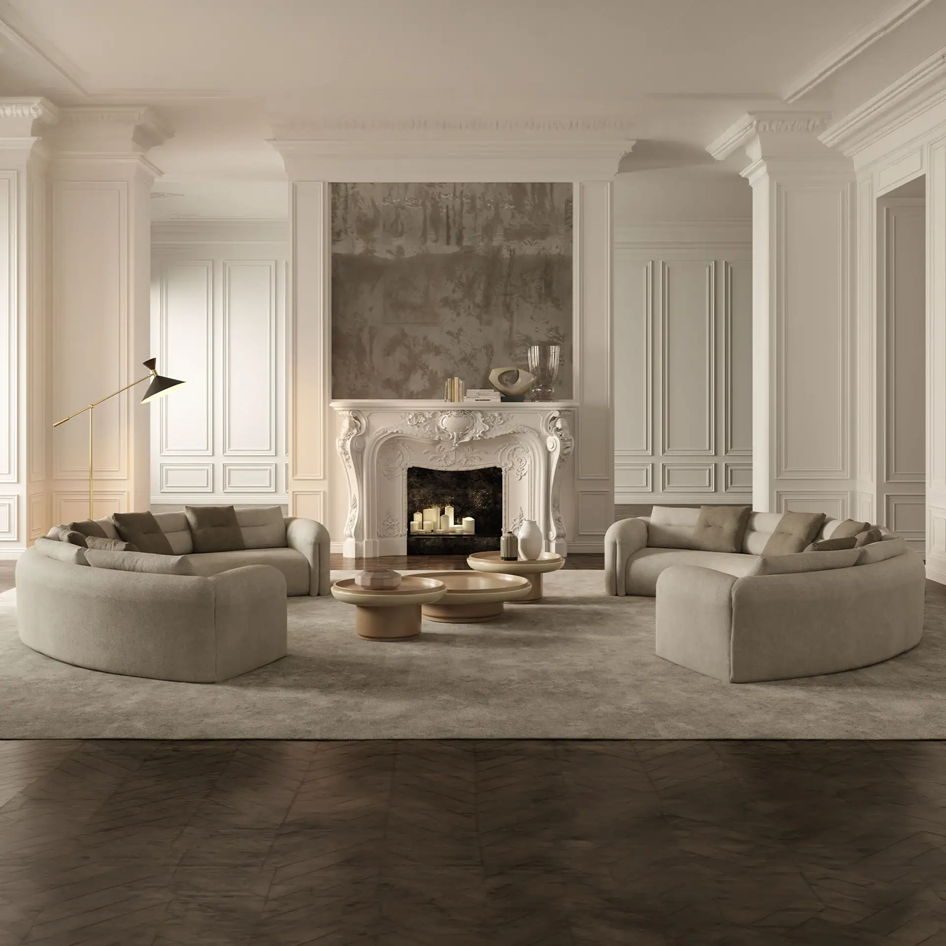 Elegant curved sectional sofa in a luxurious living room setting.