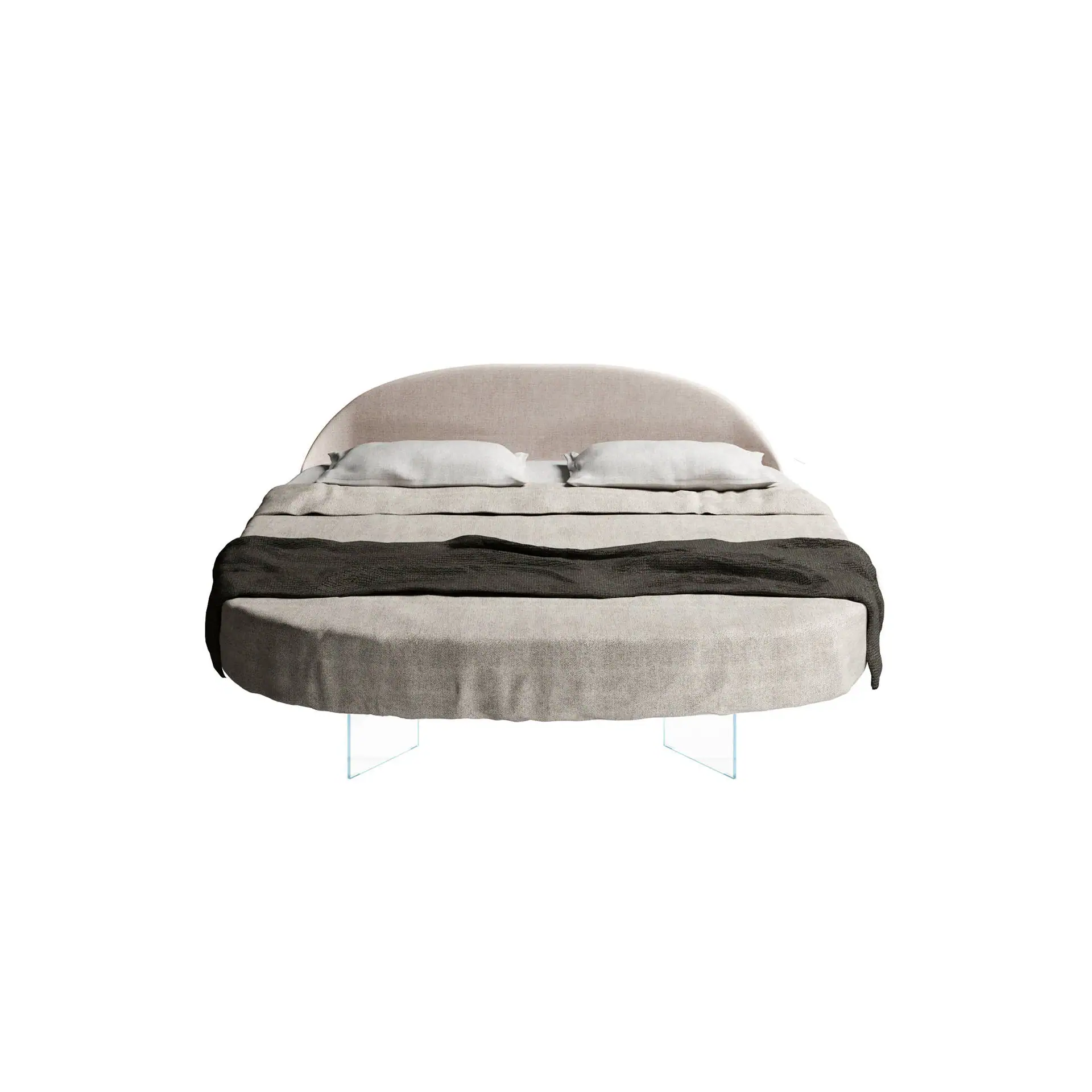 Air round bed with plush beige upholstery and modern design.