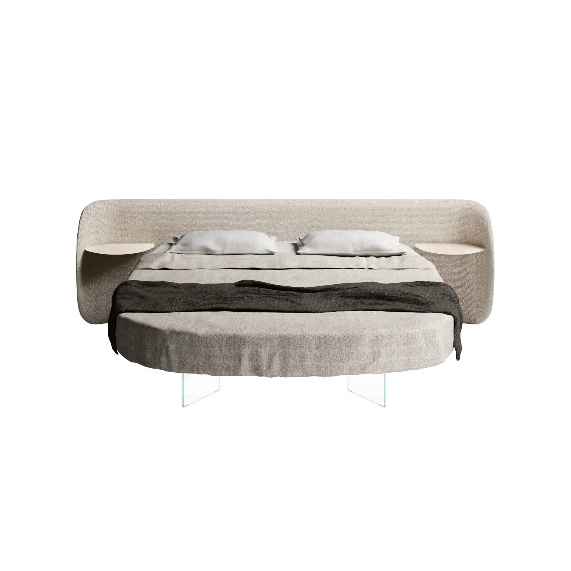 Air round bed with integrated side tables, modern design, and neutral color. Perfect for contemporar.