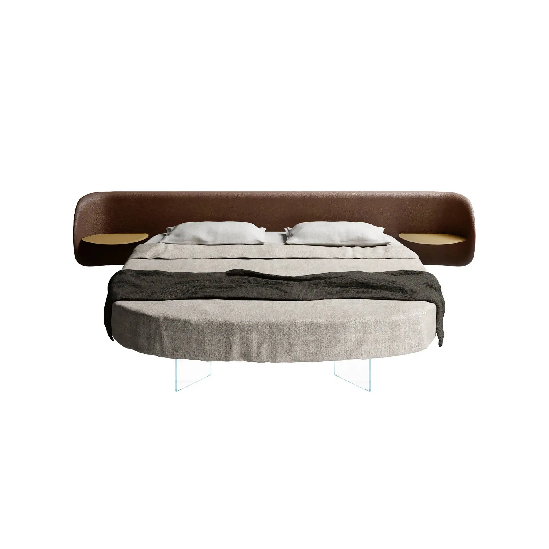 Air round bed with a modern wooden headboard and built-in side shelves. Perfect for contemporary bed.