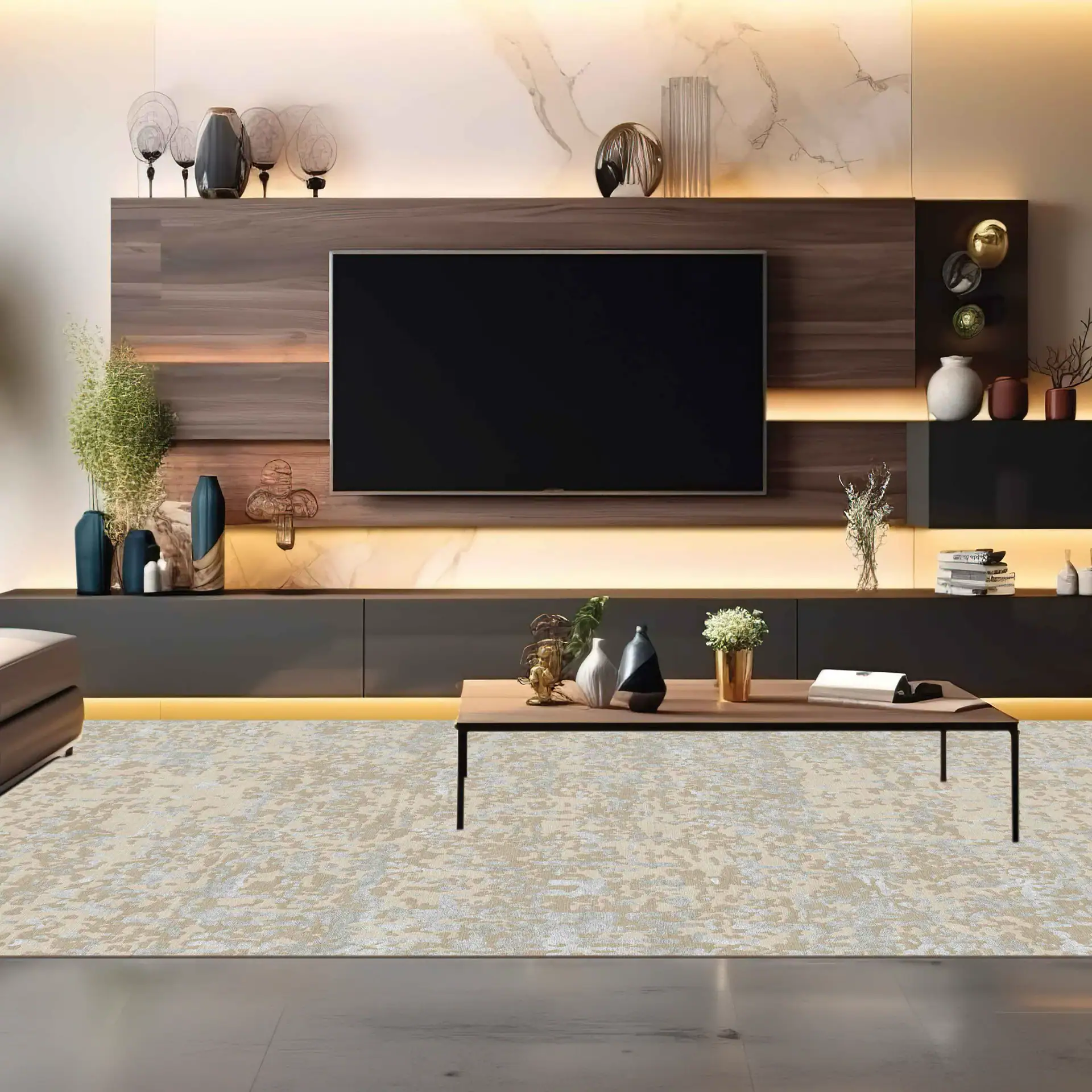 Contemporary living room with wall-mounted TV and modern decor accents.