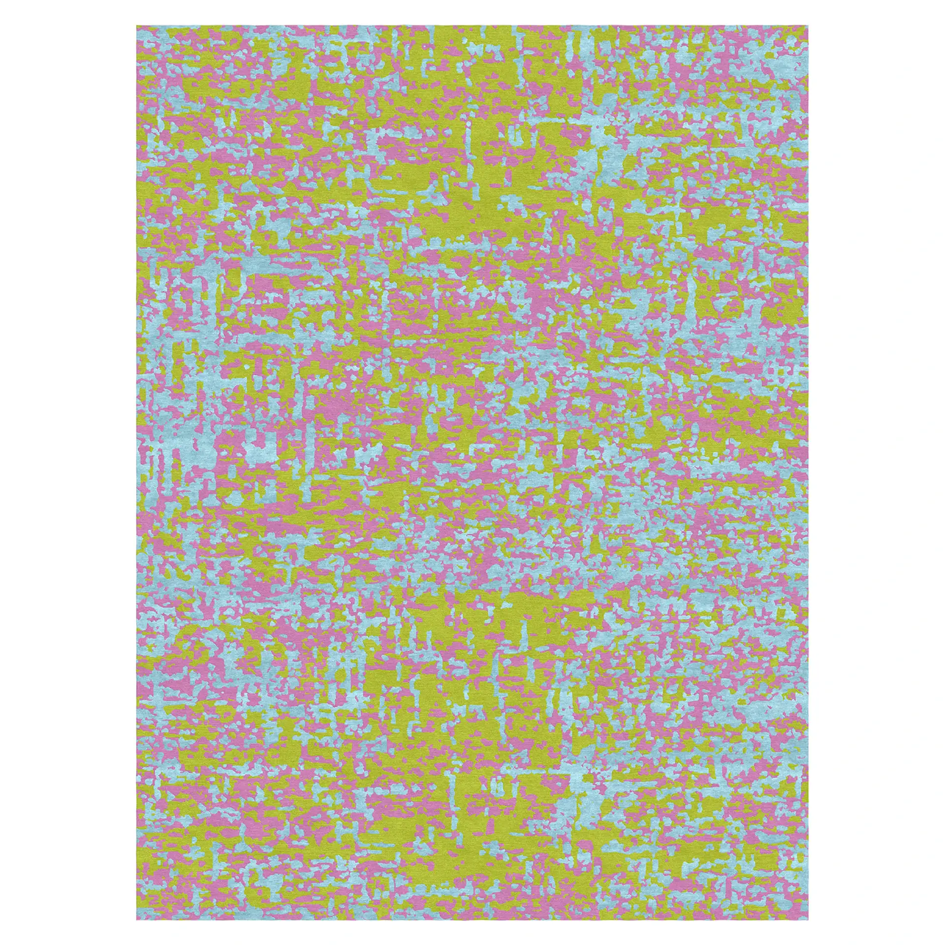 Abstract colorful area rug with vibrant pink, green, and blue hues. Perfect for contemporary living.