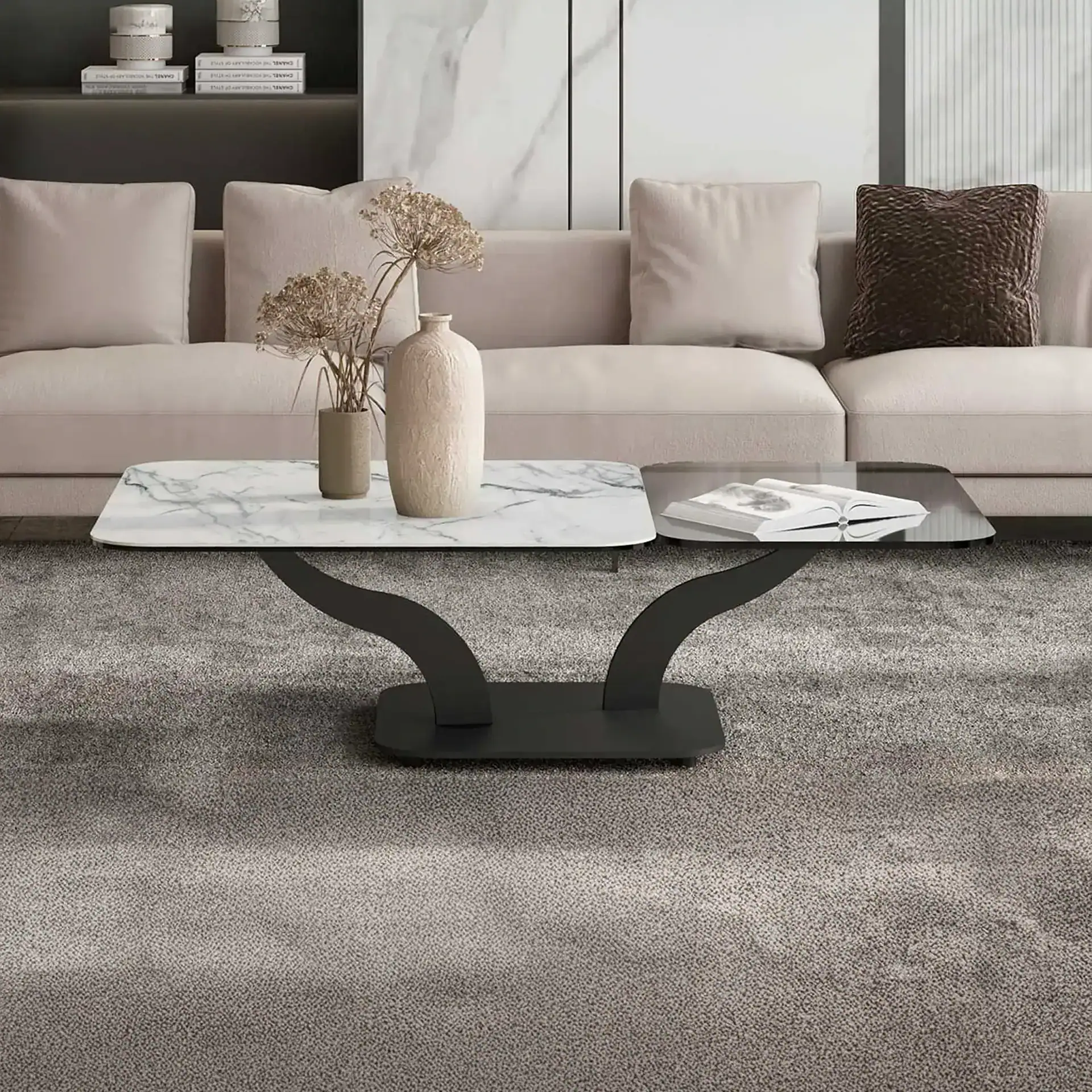 Modern Sinuoso Motion Cocktail Table with marble and black finish.