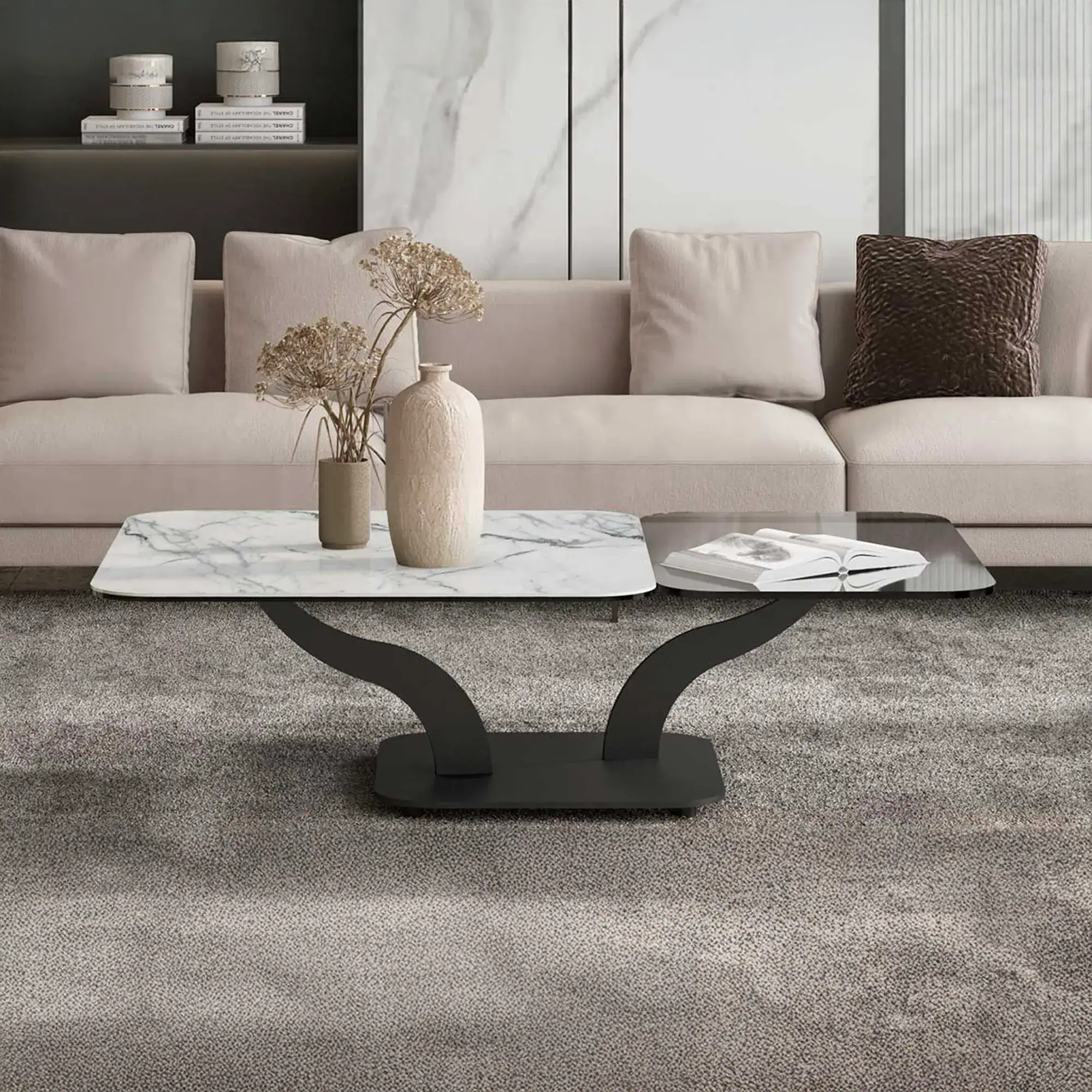 Modern Sinuoso Motion Cocktail Table with marble and black finish.
