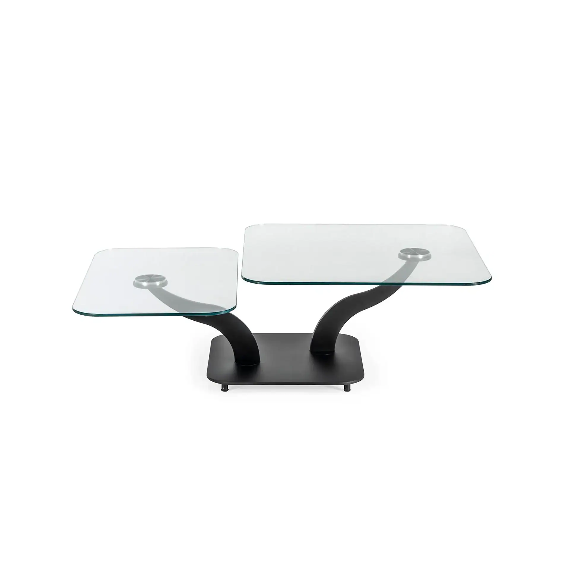 Modern Sinuoso Motion cocktail table with glass surfaces and curved black base.