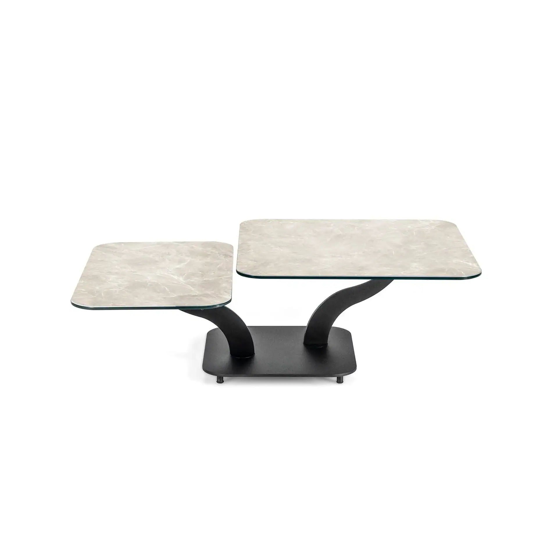 Modern Sinuoso Motion Cocktail Table with marble surfaces and black base.