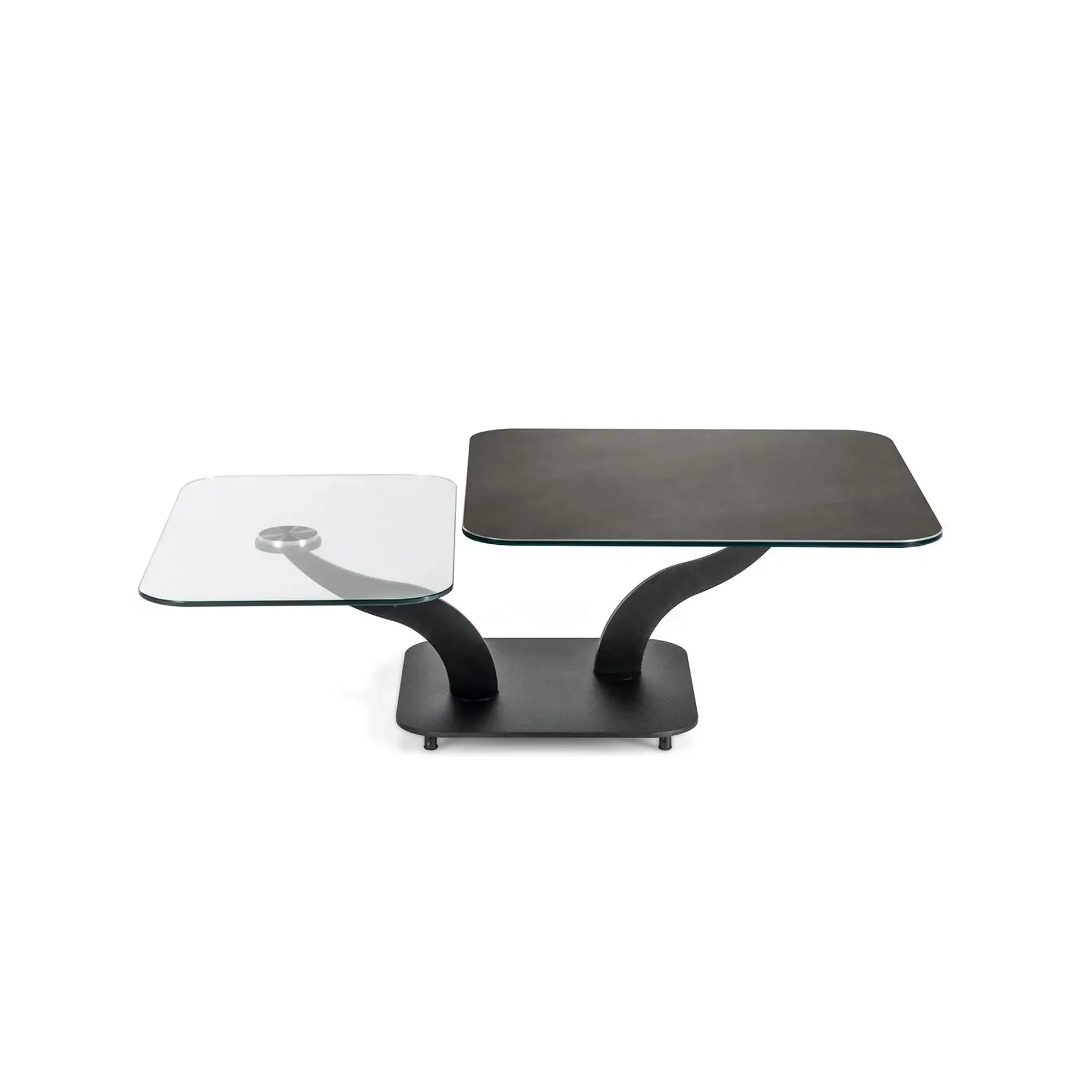 Modern Sinuoso Motion Cocktail Table with dual surfaces and curved supports.