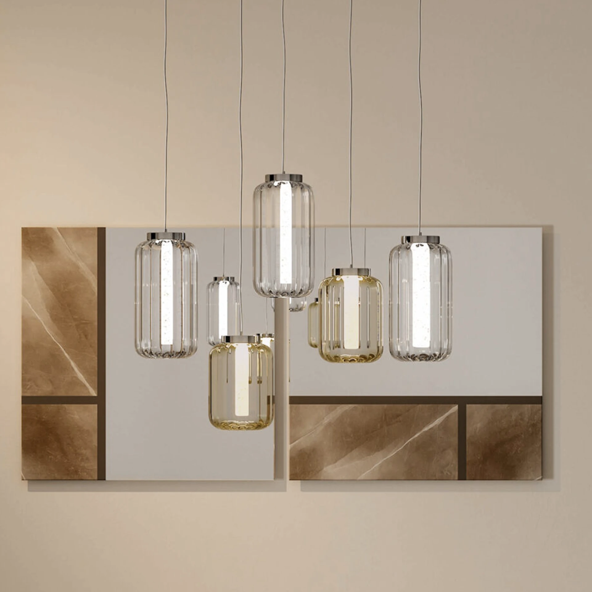 Six modern pendant lights with clear and amber ribbed glass shades hang against a beige wall with two decorative brown marble-patterned panels.