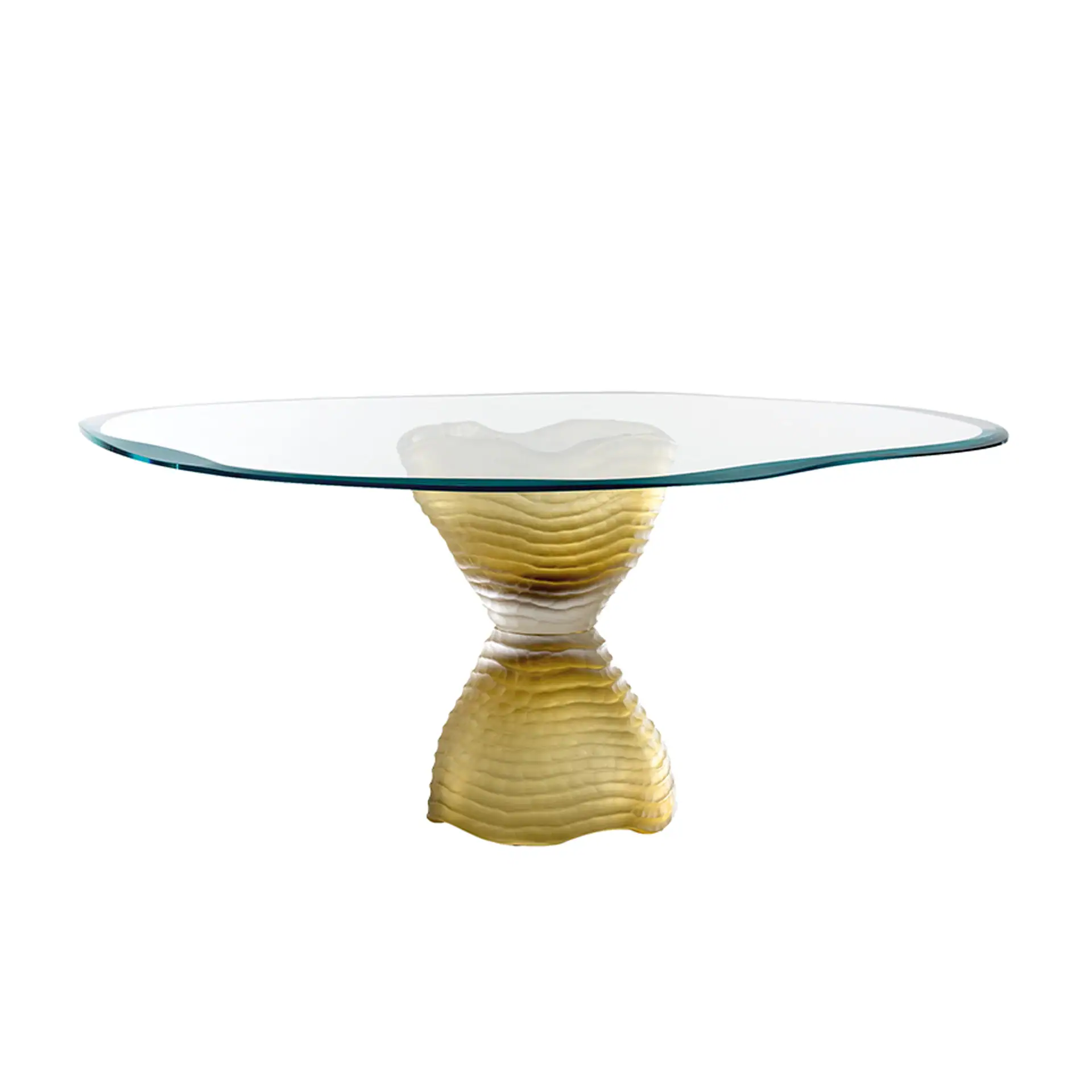 Elegant Murano 72 dining table with a glass top and sculptural base. Perfect for modern dining space.