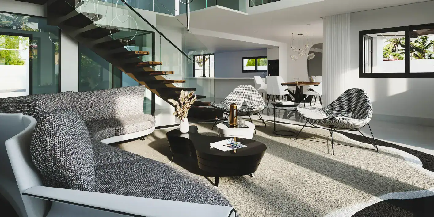 Contemporary living room featuring sleek sofas, armchairs, and a glass staircase with abundant natur.