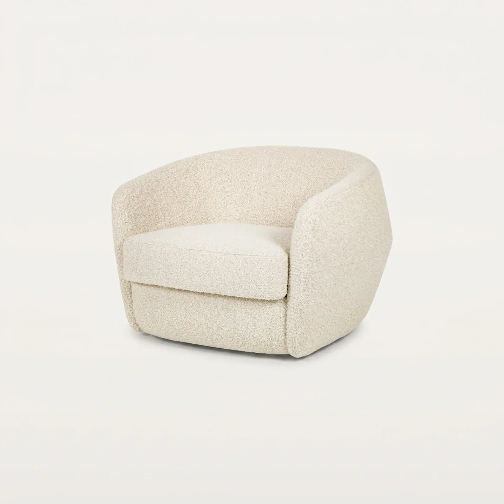 A cream boucle armchair with a rounded, modern design and a separate seat cushion, set against a white background.