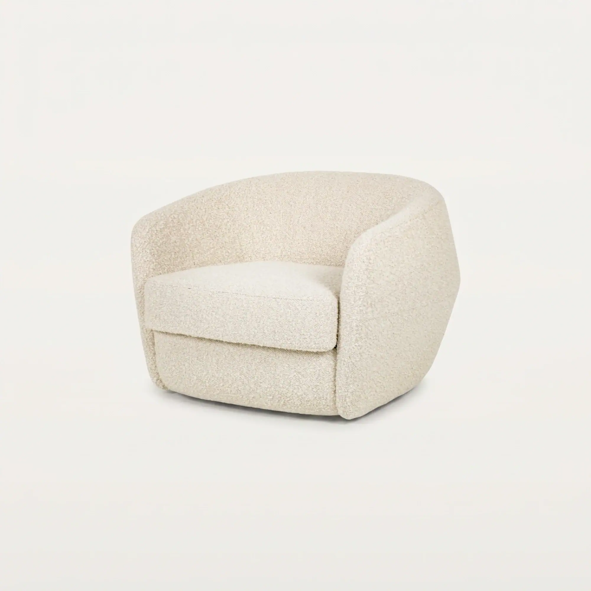 A cream boucle armchair with a rounded, modern design and a separate seat cushion, set against a white background.