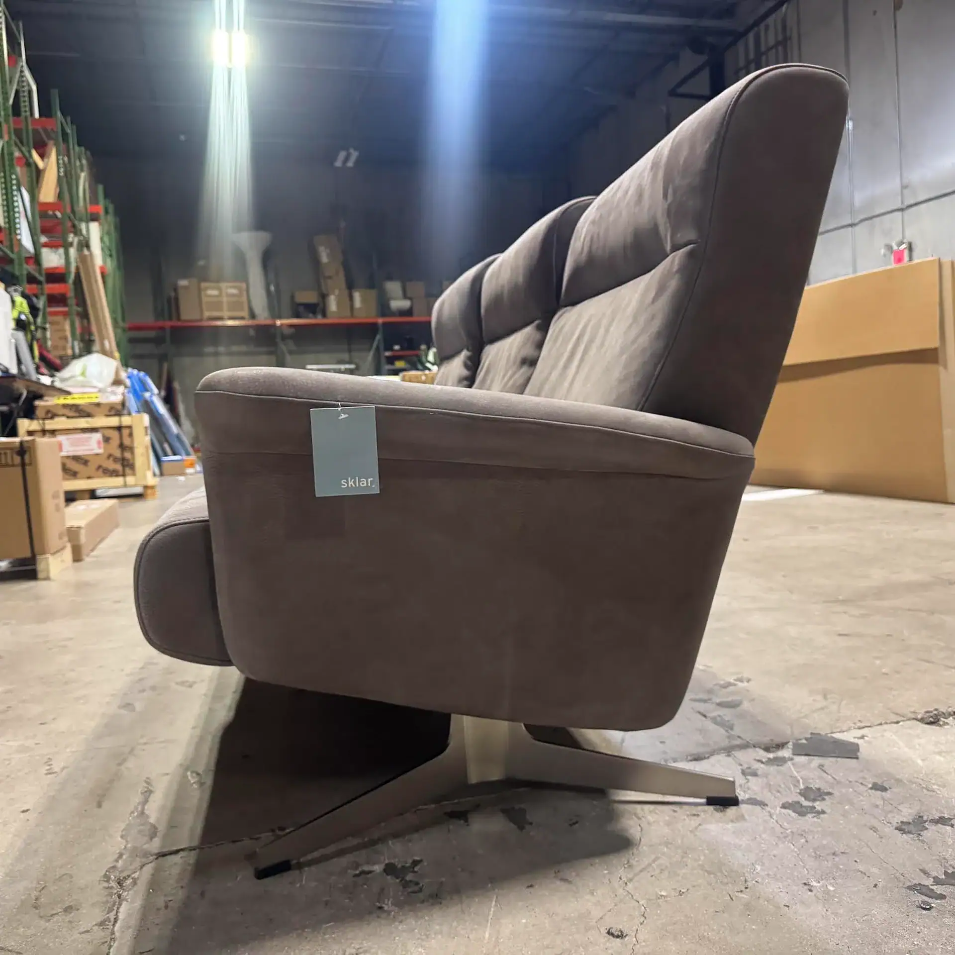 Sklar Furnishings Harlowe 3-Seat Sofa in warehouse setting.