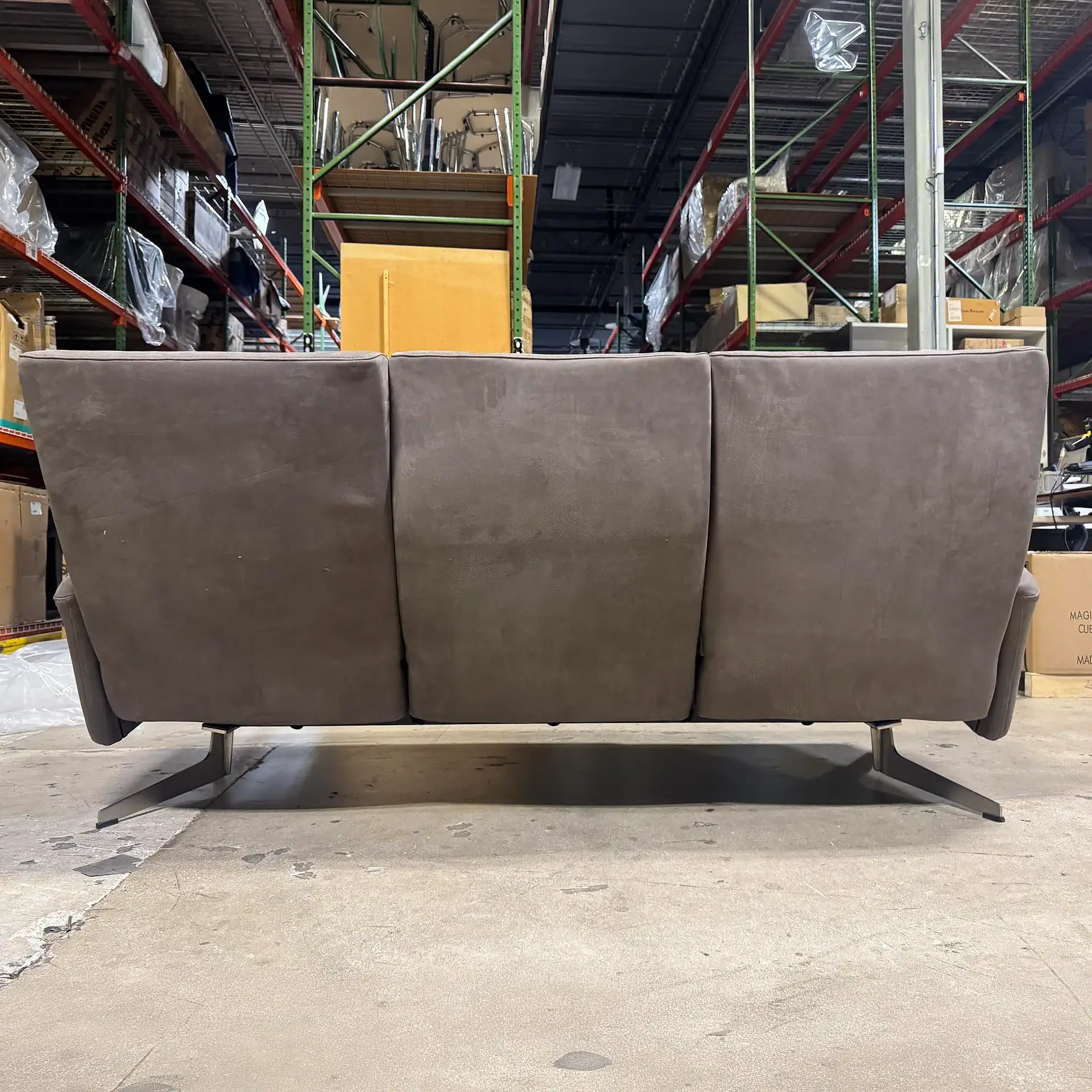 American Leather Harlowe 3-Seat Sofa in warehouse setting.
