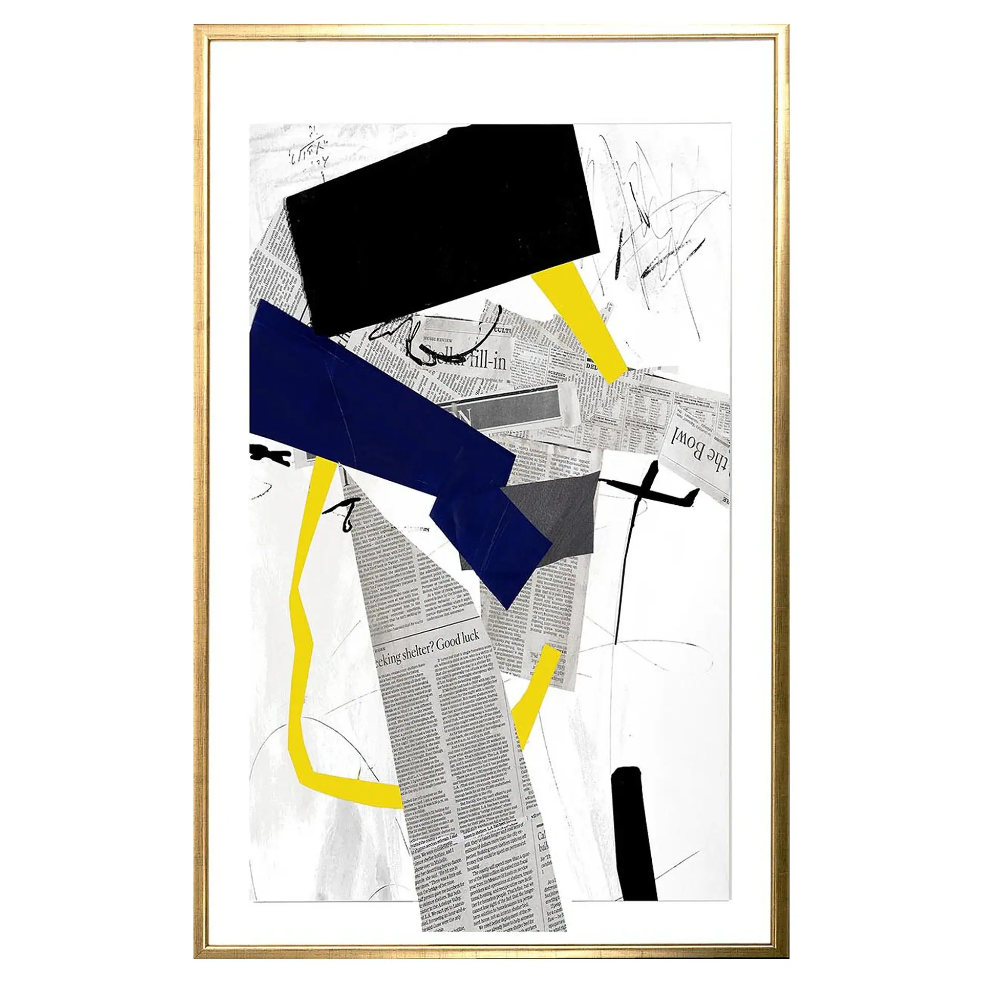 Abstract artwork featuring newspaper clippings, black, blue, and yellow geometric shapes.