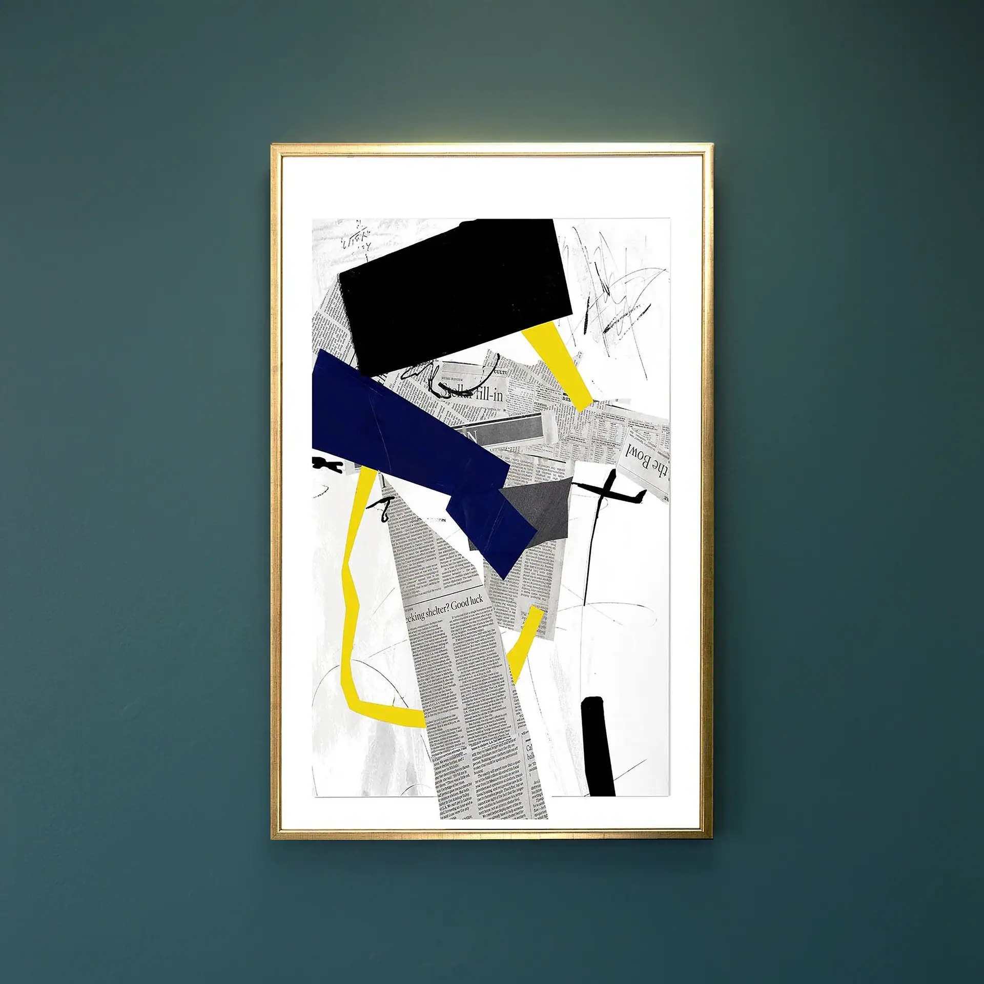 Abstract geometric art piece with bold black, blue, yellow, and gray shapes.