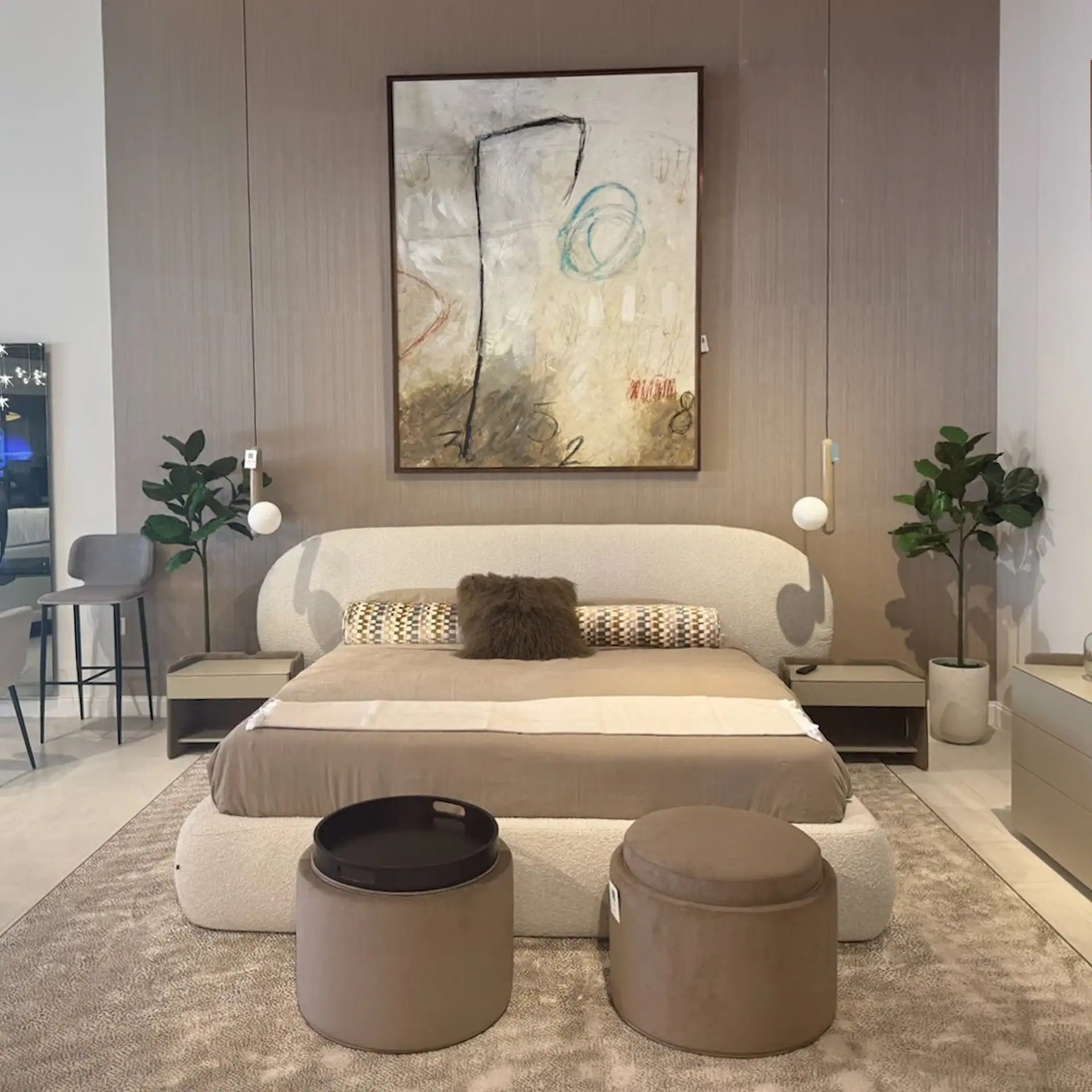 Modern bedroom with Basile Canvas Art, neutral tones, and contemporary furniture.