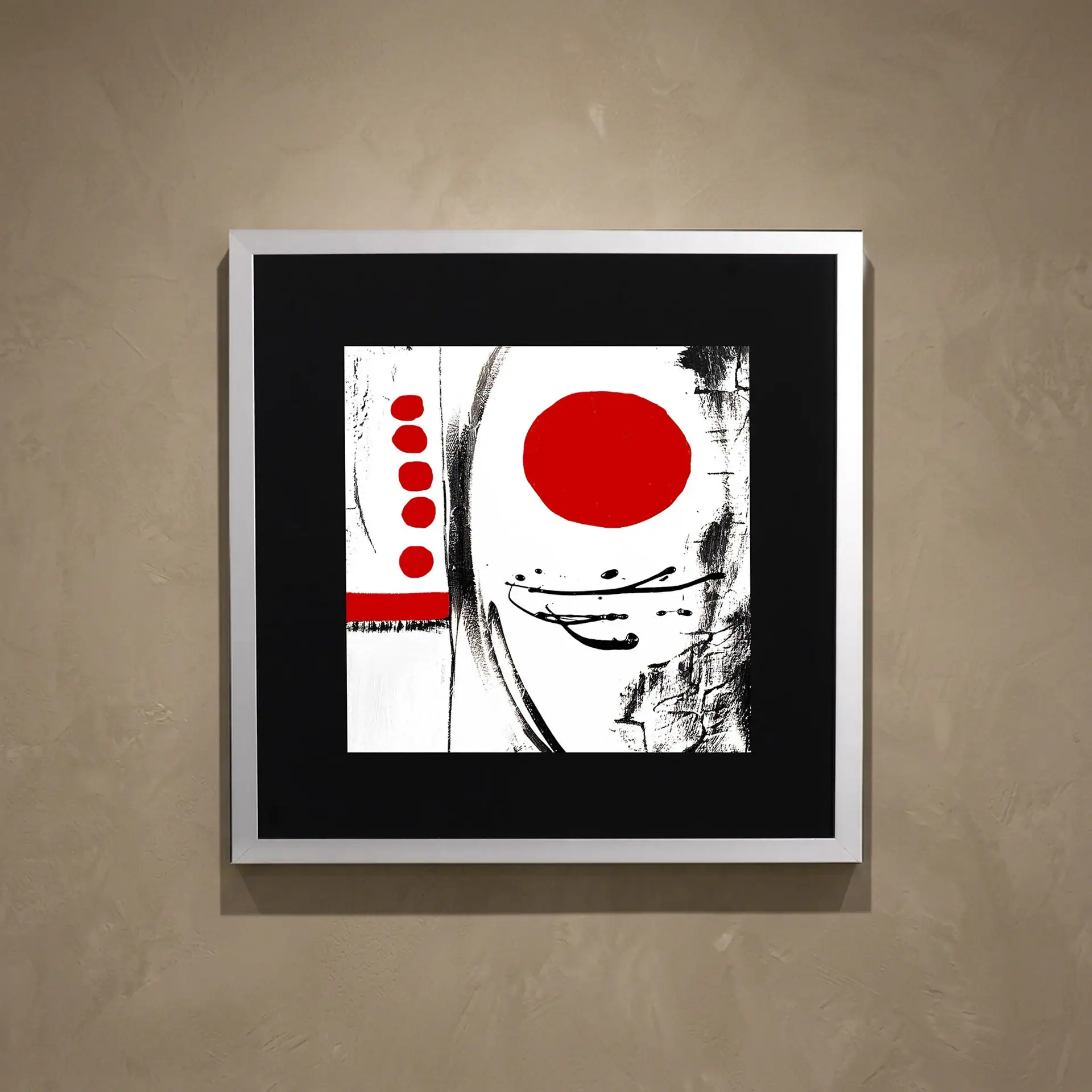 Abstract black, white, and red artwork for contemporary interior design.