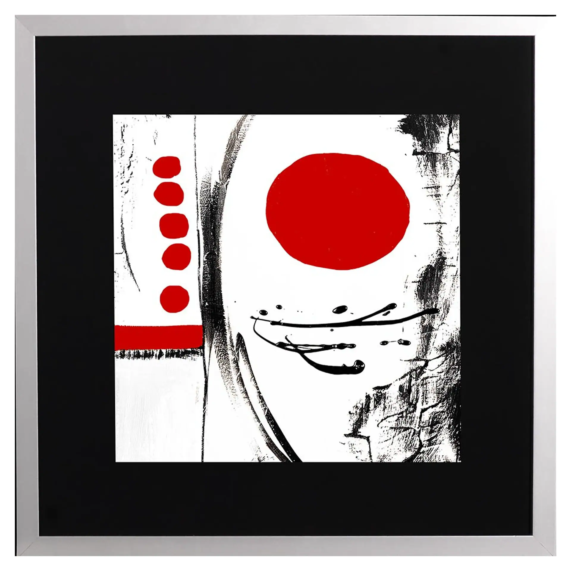Abstract modern art piece with bold red, black, and white colors.