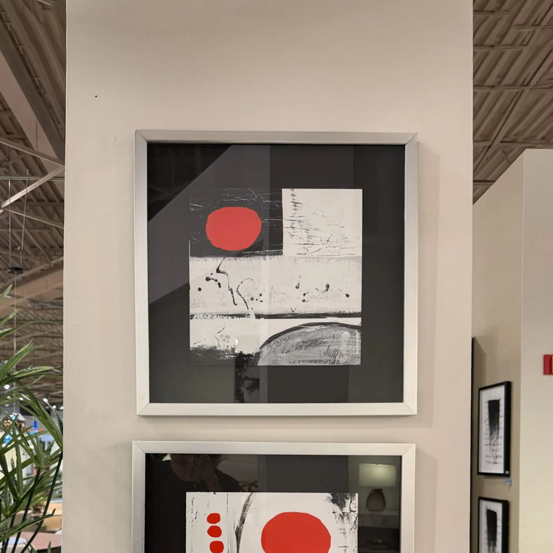 Abstract black, white, and red artwork for modern interior design.