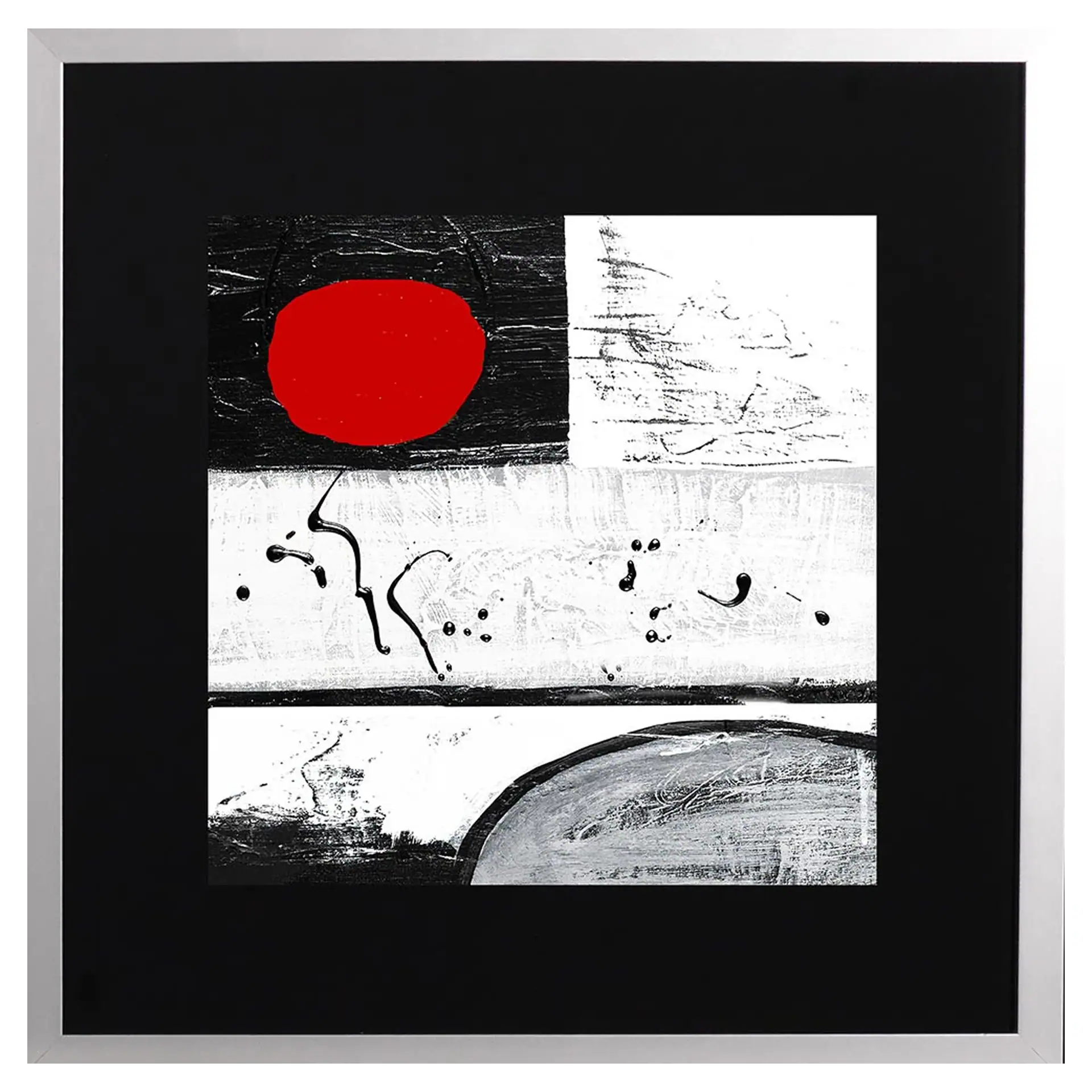 Abstract black and white artwork with a bold red accent.