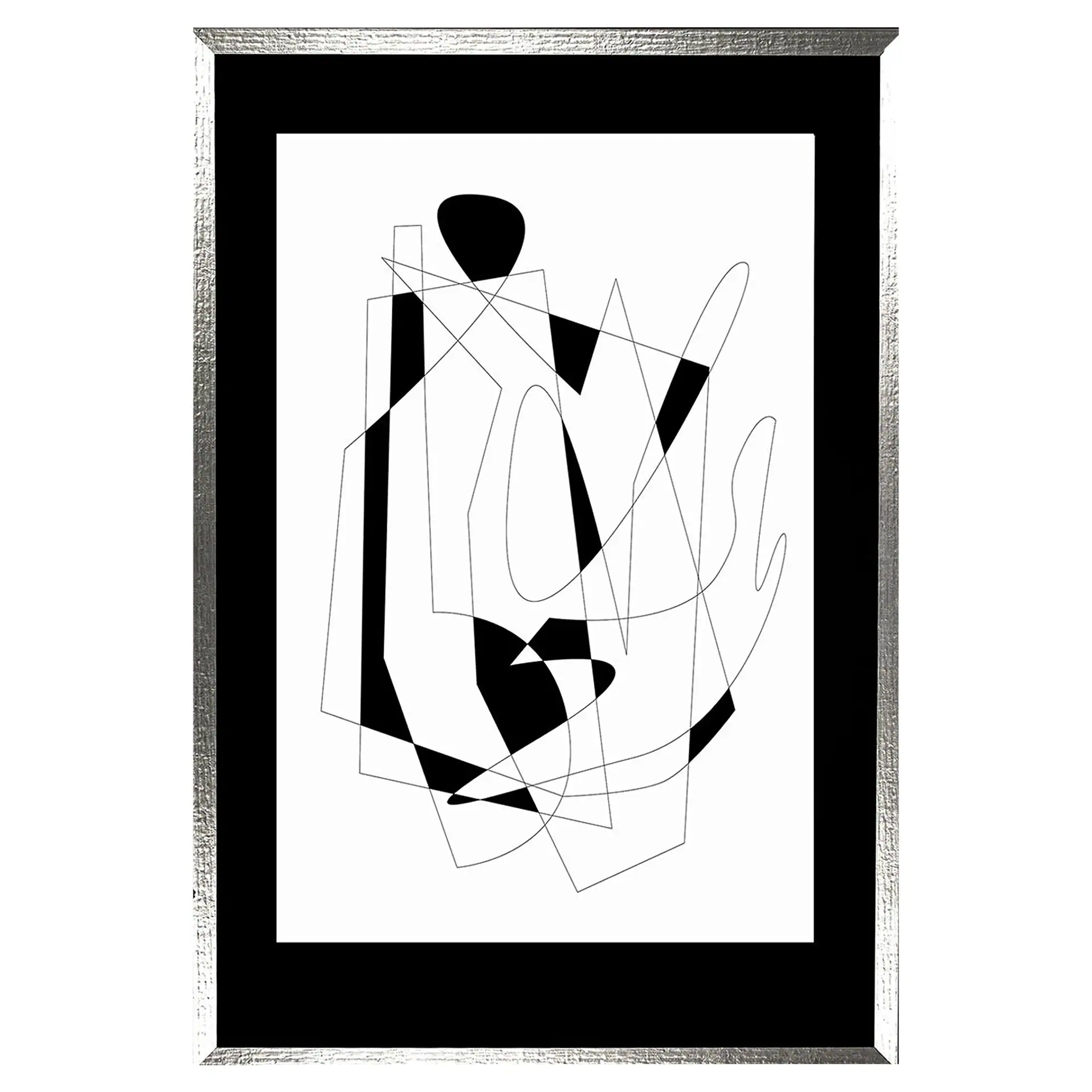 Black and white abstract art piece with geometric shapes and lines.
