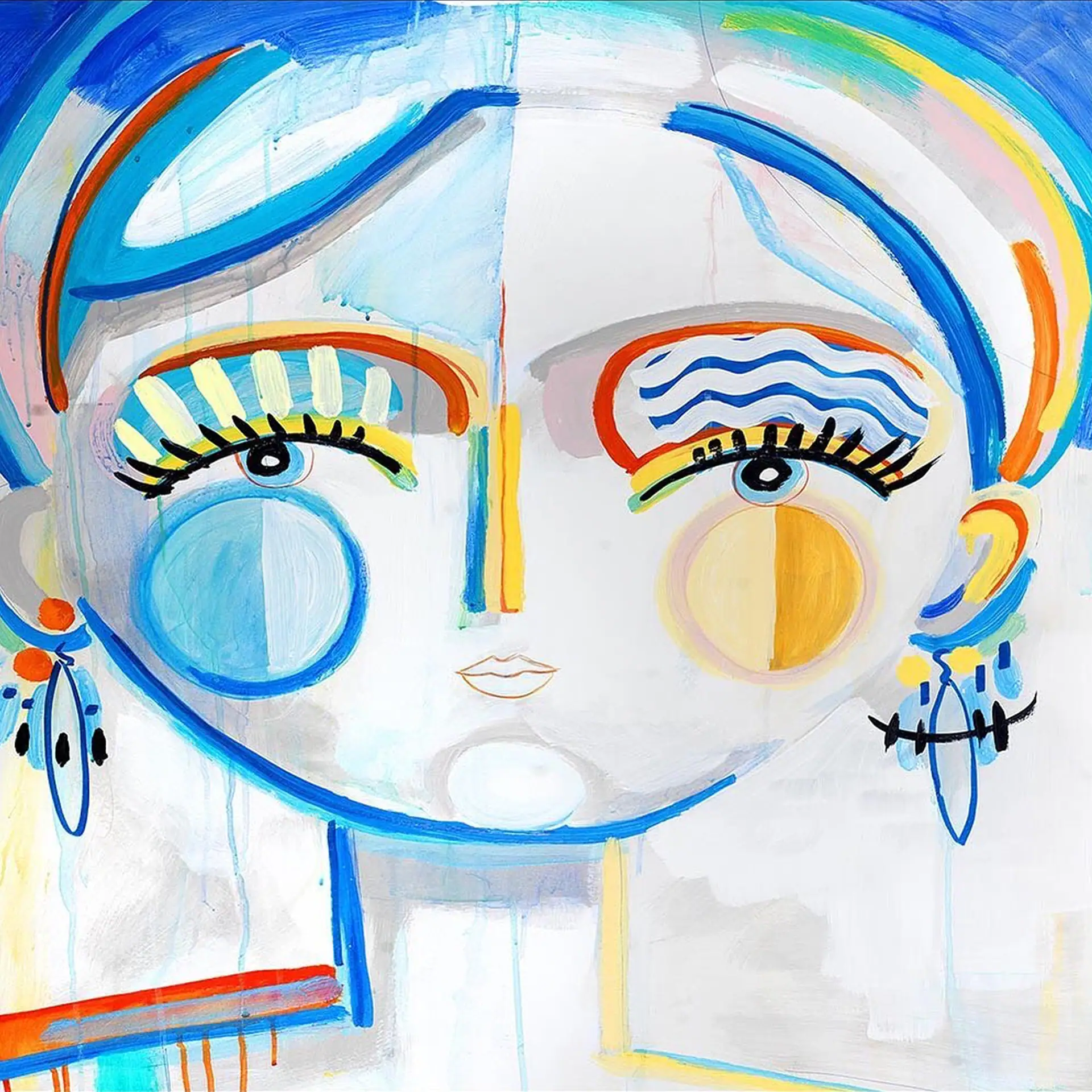 Abstract female face artwork with colorful, expressive brushstrokes and stylized features.