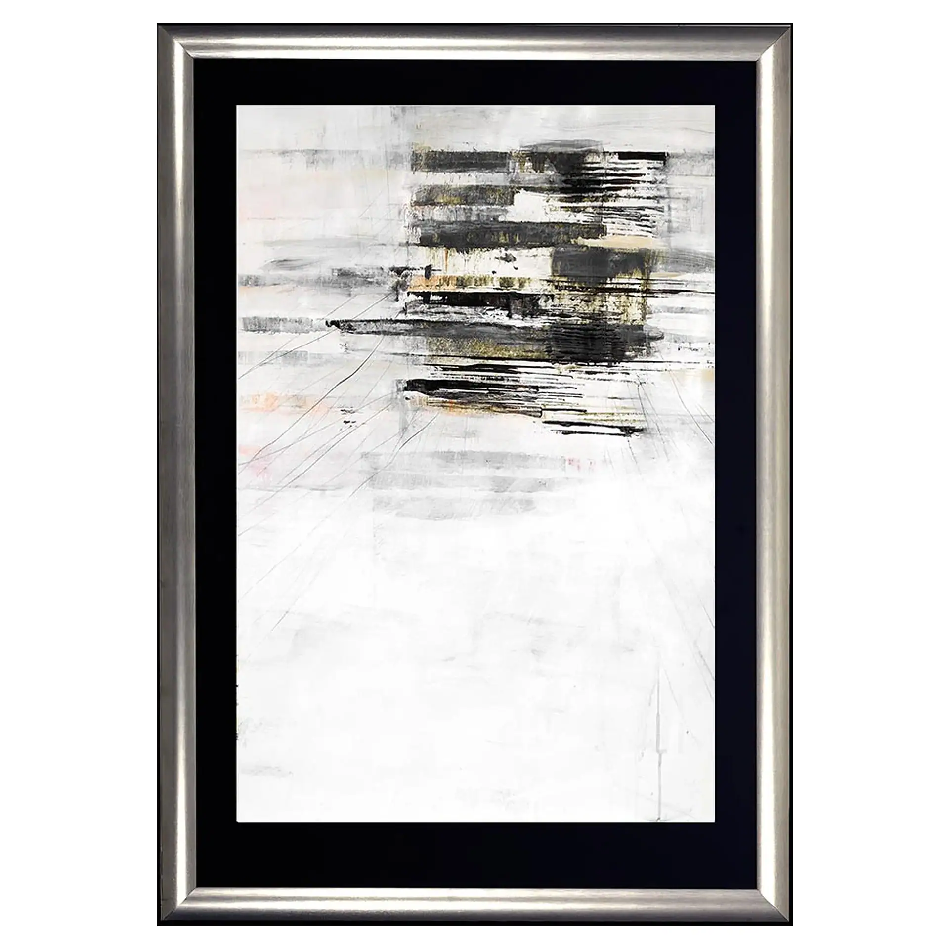 Abstract paper art with black, white, and gold tones in a modern frame.