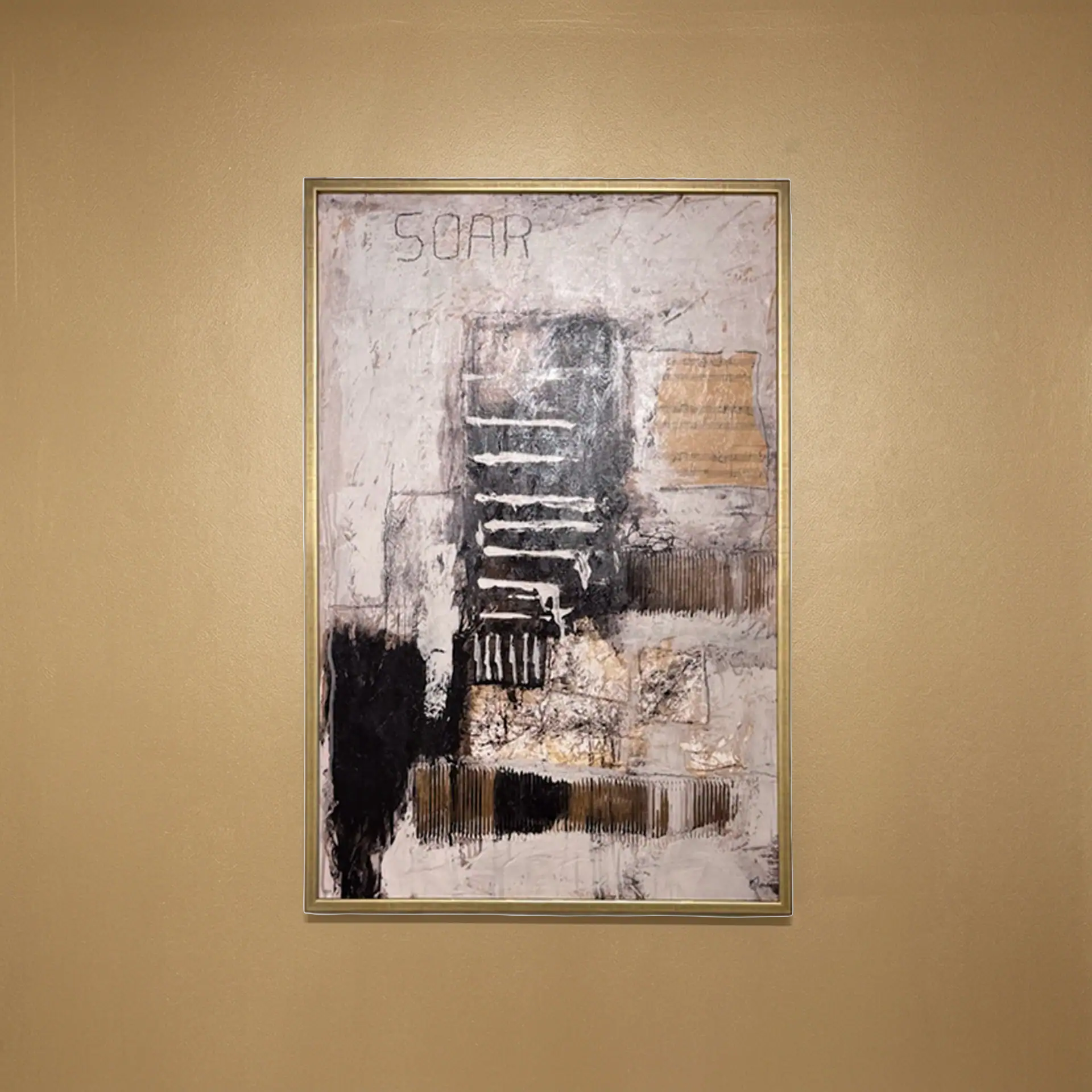 Abstract painting with textured layers and neutral tones.