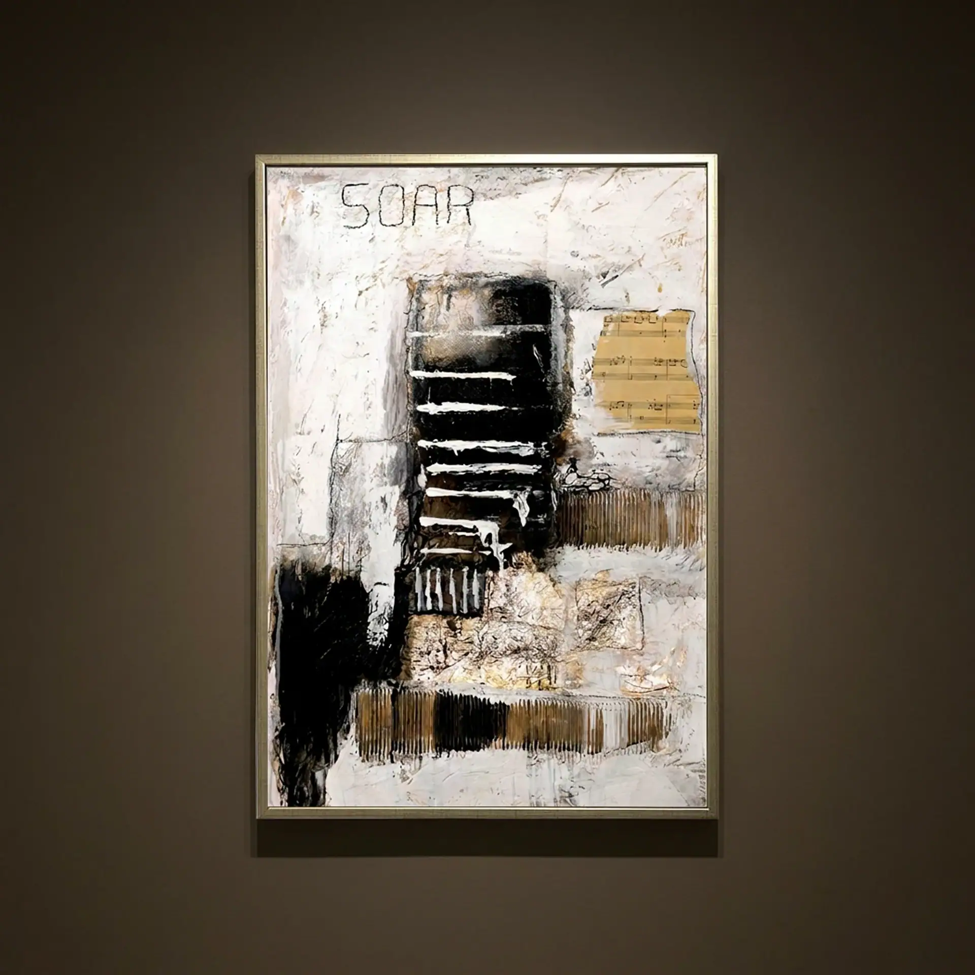 Abstract black, white, and gold wall art with stairs design for contemporary interiors.