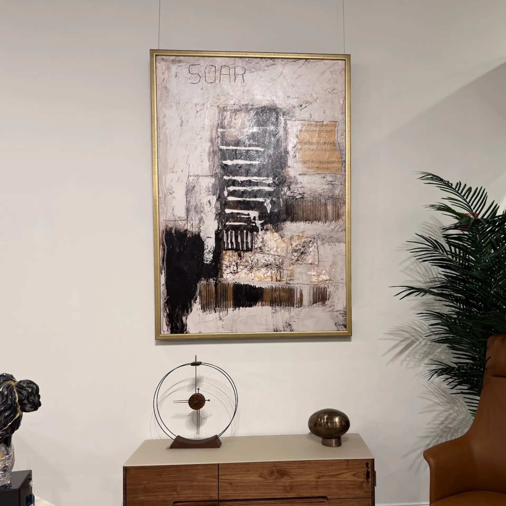 Abstract wall art with neutral tones and textured design, perfect for contemporary living spaces.