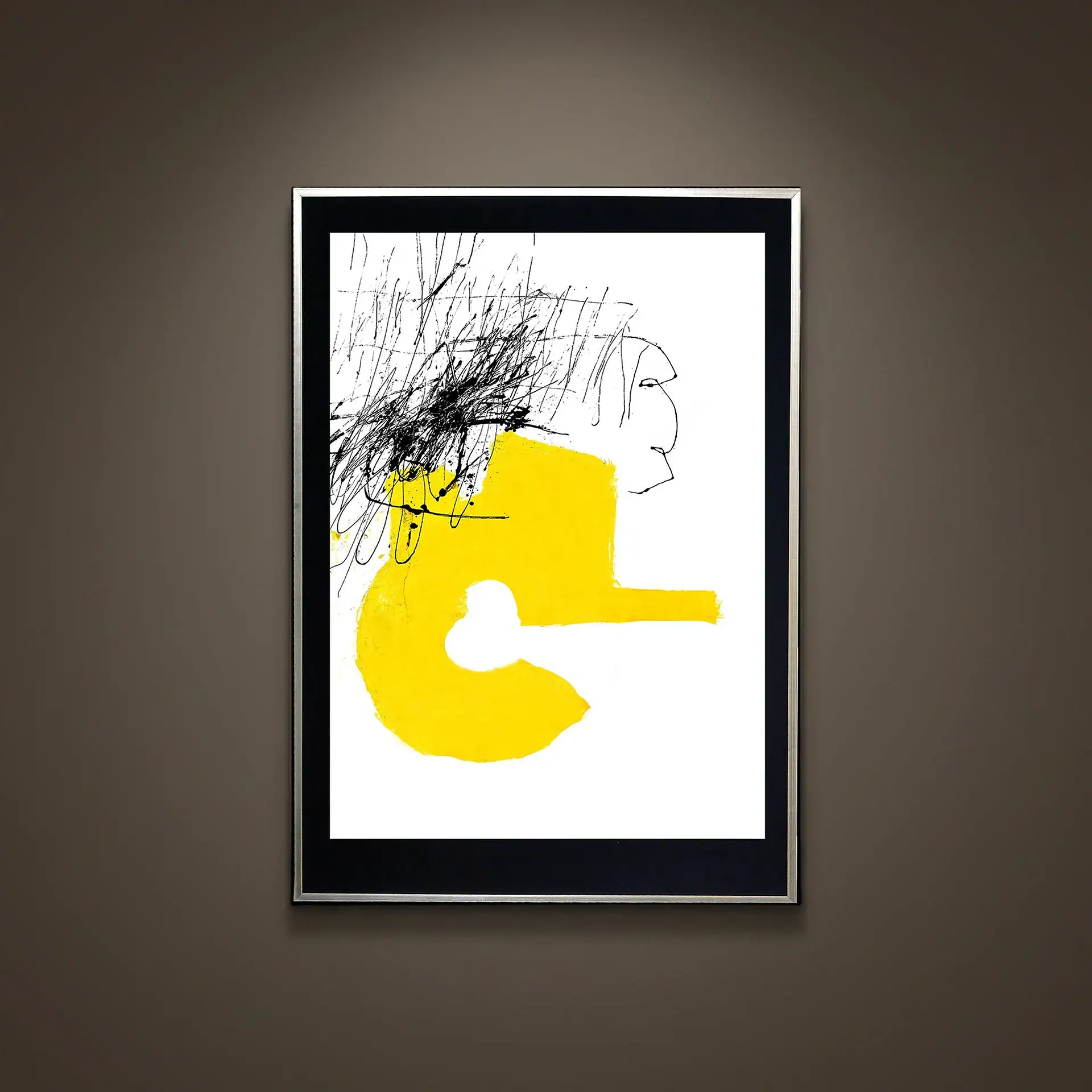 Abstract art with black lines and yellow shape on white background.