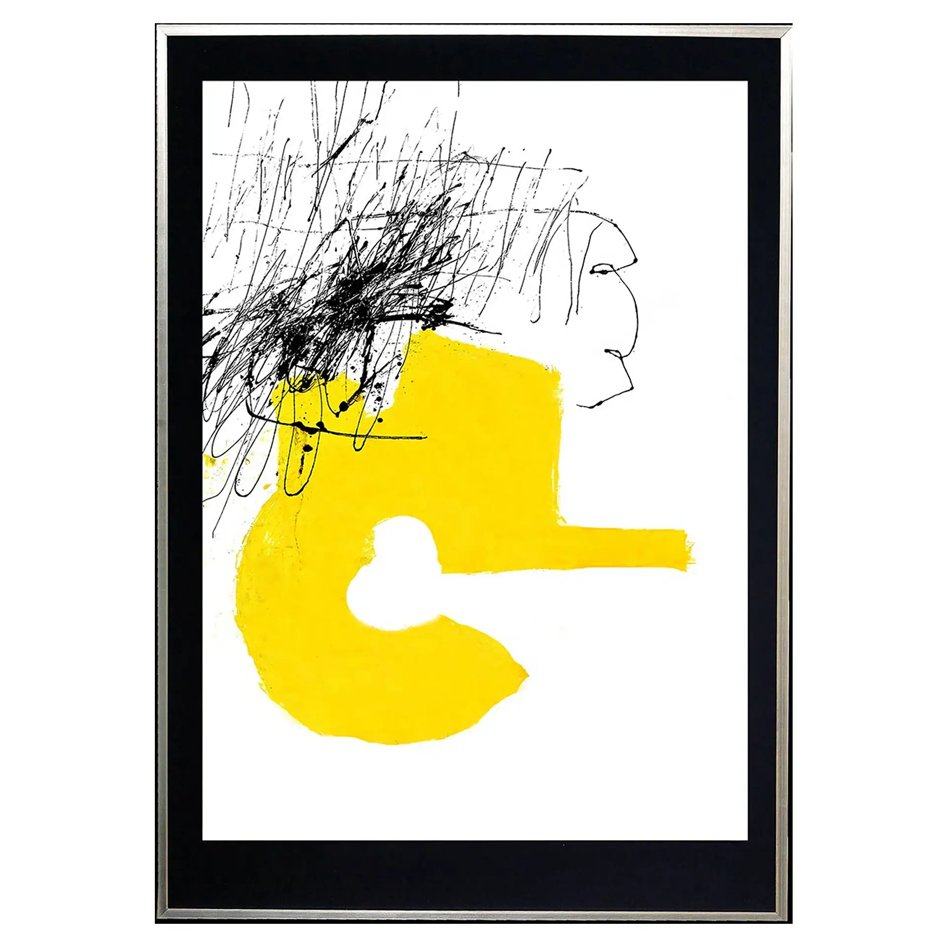 Modern abstract art with black lines and yellow shapes in a black frame.