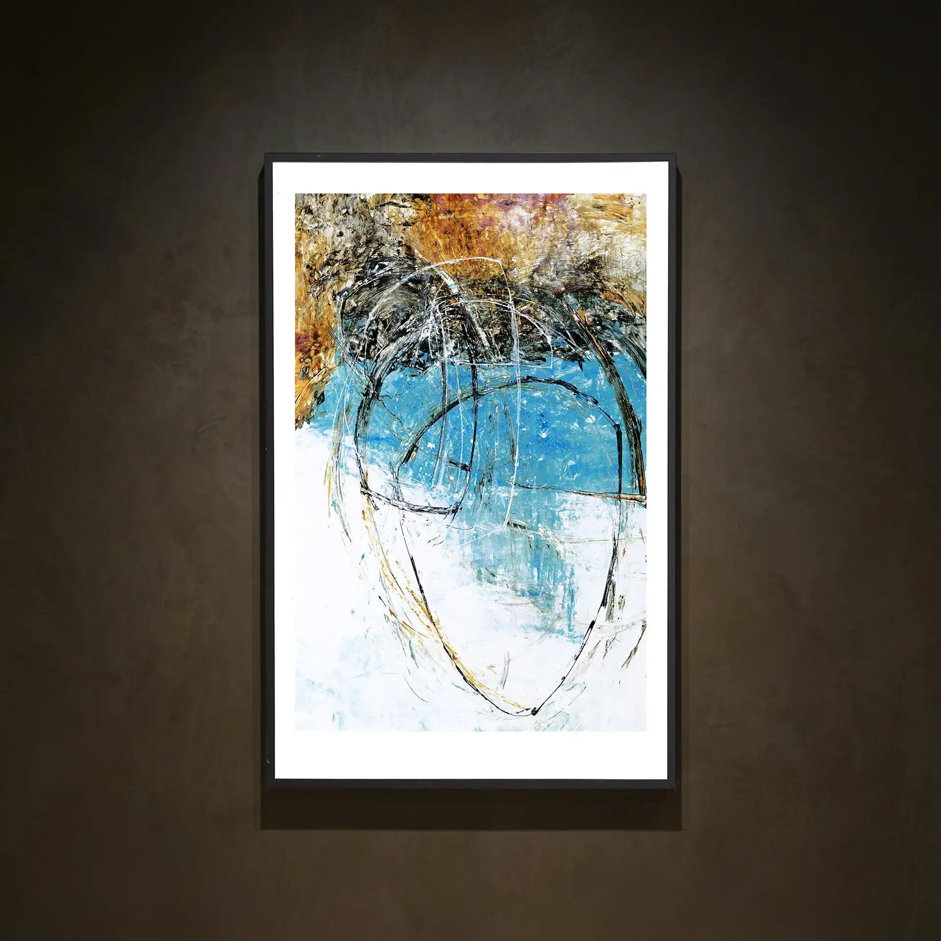 Abstract art painting with bold blue, gold, and white hues, showcasing textured brushstrokes and con.